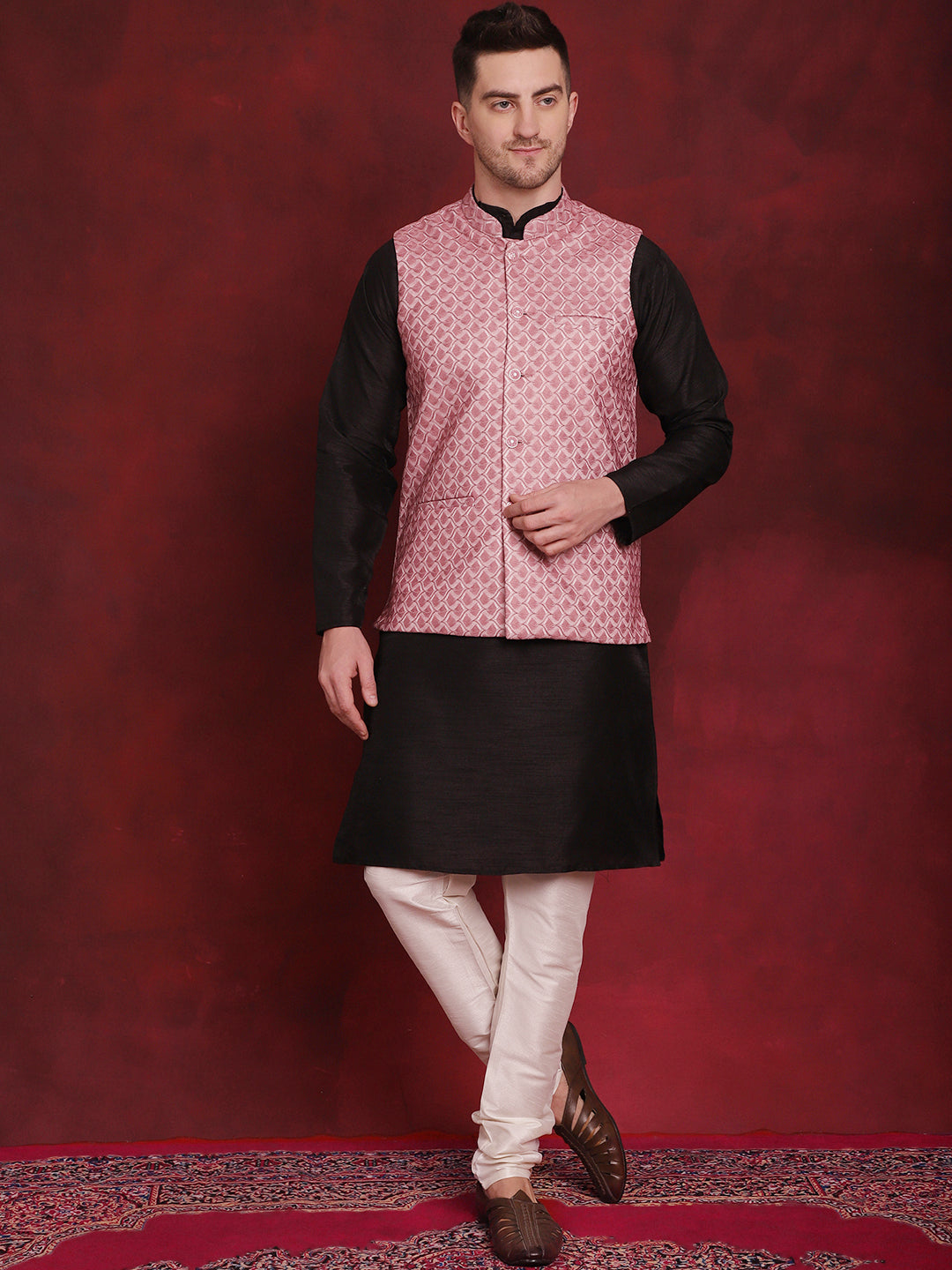 Men's Coral Woven Design Nehru Jacket With Kurta Pyjama Set - Taantav