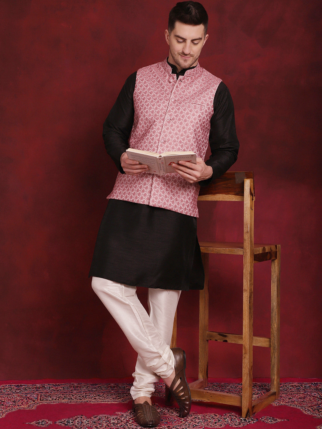 Men's Coral Woven Design Nehru Jacket With Kurta Pyjama Set - Taantav