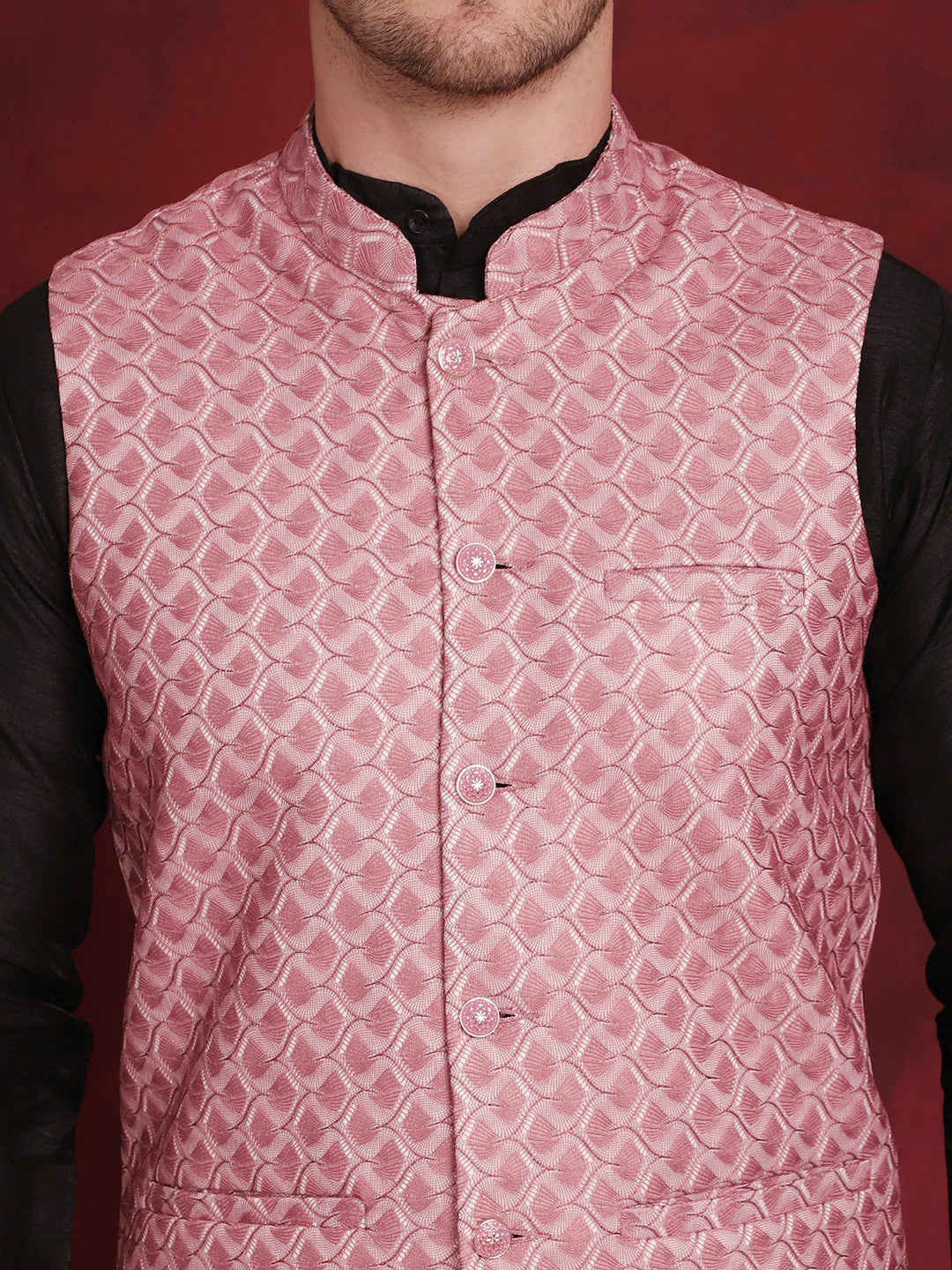 Men's Coral Woven Design Nehru Jacket With Kurta Pyjama Set - Taantav