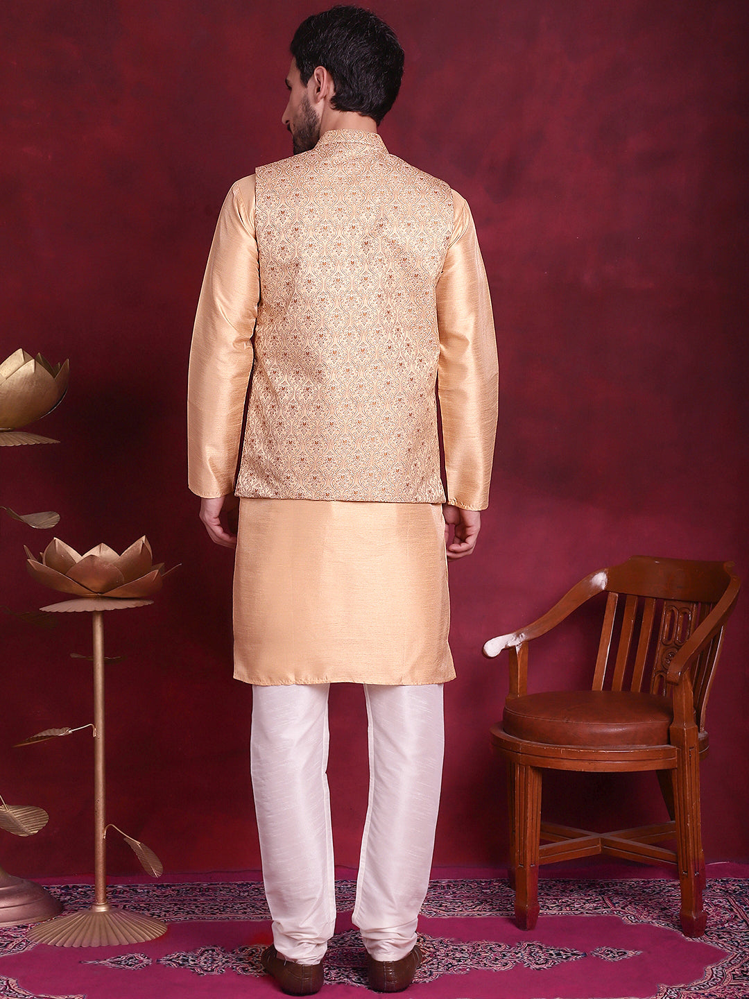 Men's Woven Design Nehru Jacket With Kurta Pyjama Set - Taantav