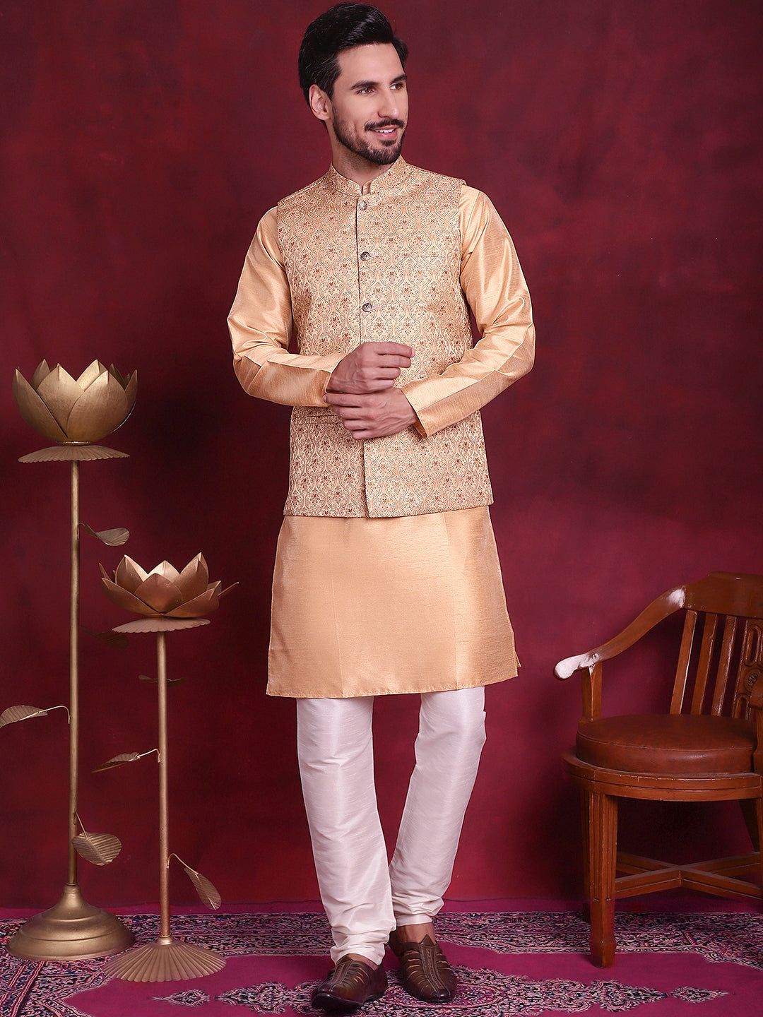 Men's Woven Design Nehru Jacket With Kurta Pyjama Set - Taantav