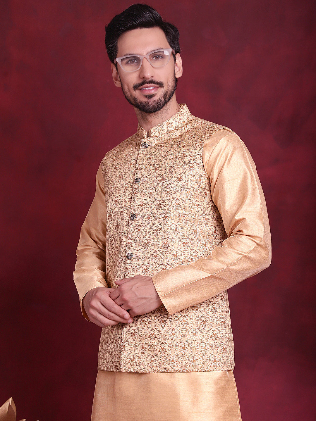 Men's Woven Design Nehru Jacket With Kurta Pyjama Set - Taantav