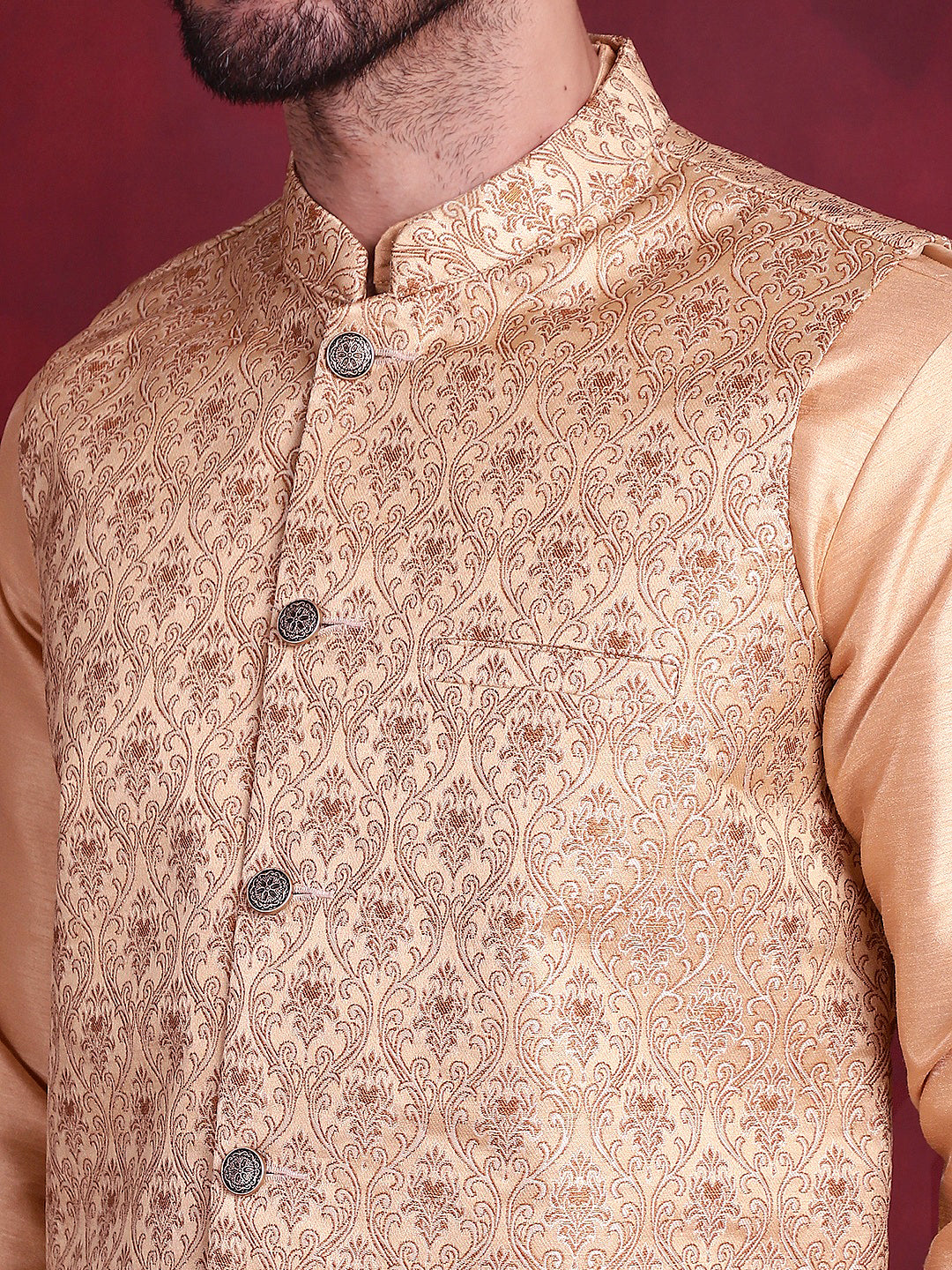 Men's Woven Design Nehru Jacket With Kurta Pyjama Set - Taantav