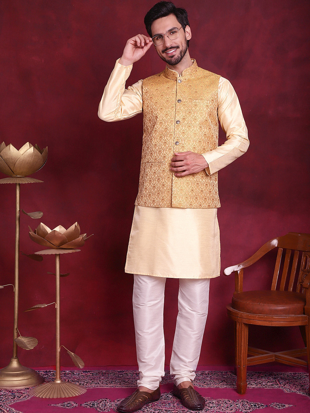 Men's Woven Design Nehru Jacket With Kurta Pyjama Set - Taantav