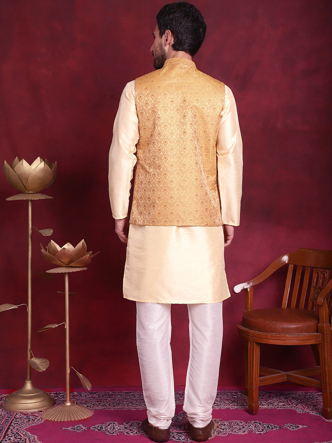 Men's Woven Design Nehru Jacket With Kurta Pyjama Set - Taantav