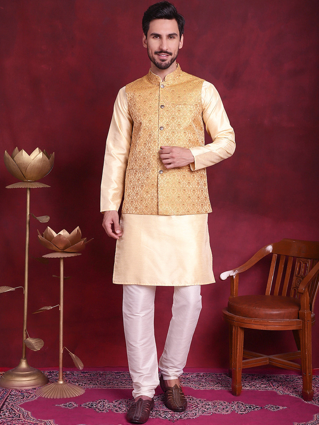 Men's Woven Design Nehru Jacket With Kurta Pyjama Set - Taantav