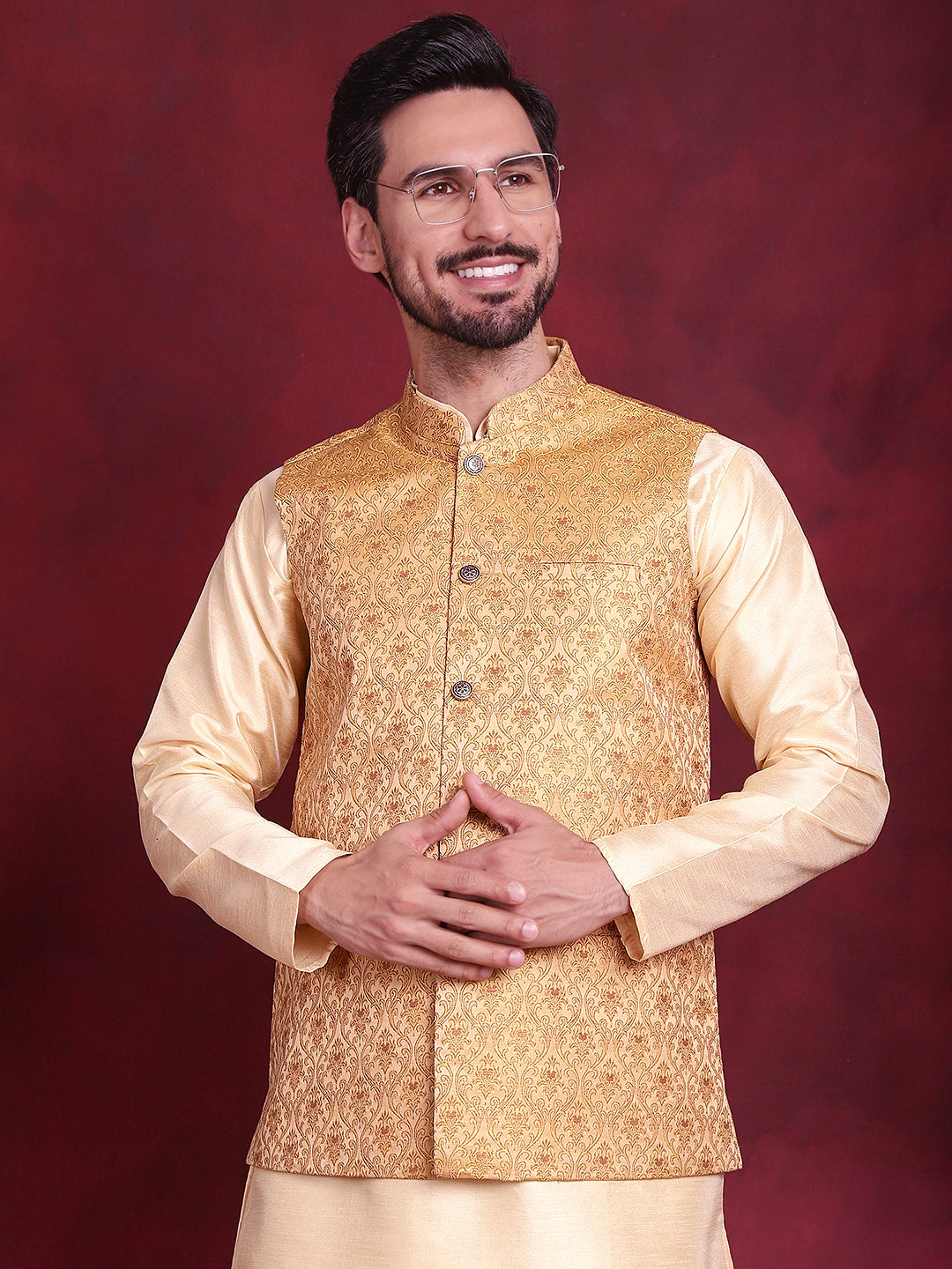 Men's Woven Design Nehru Jacket With Kurta Pyjama Set - Taantav