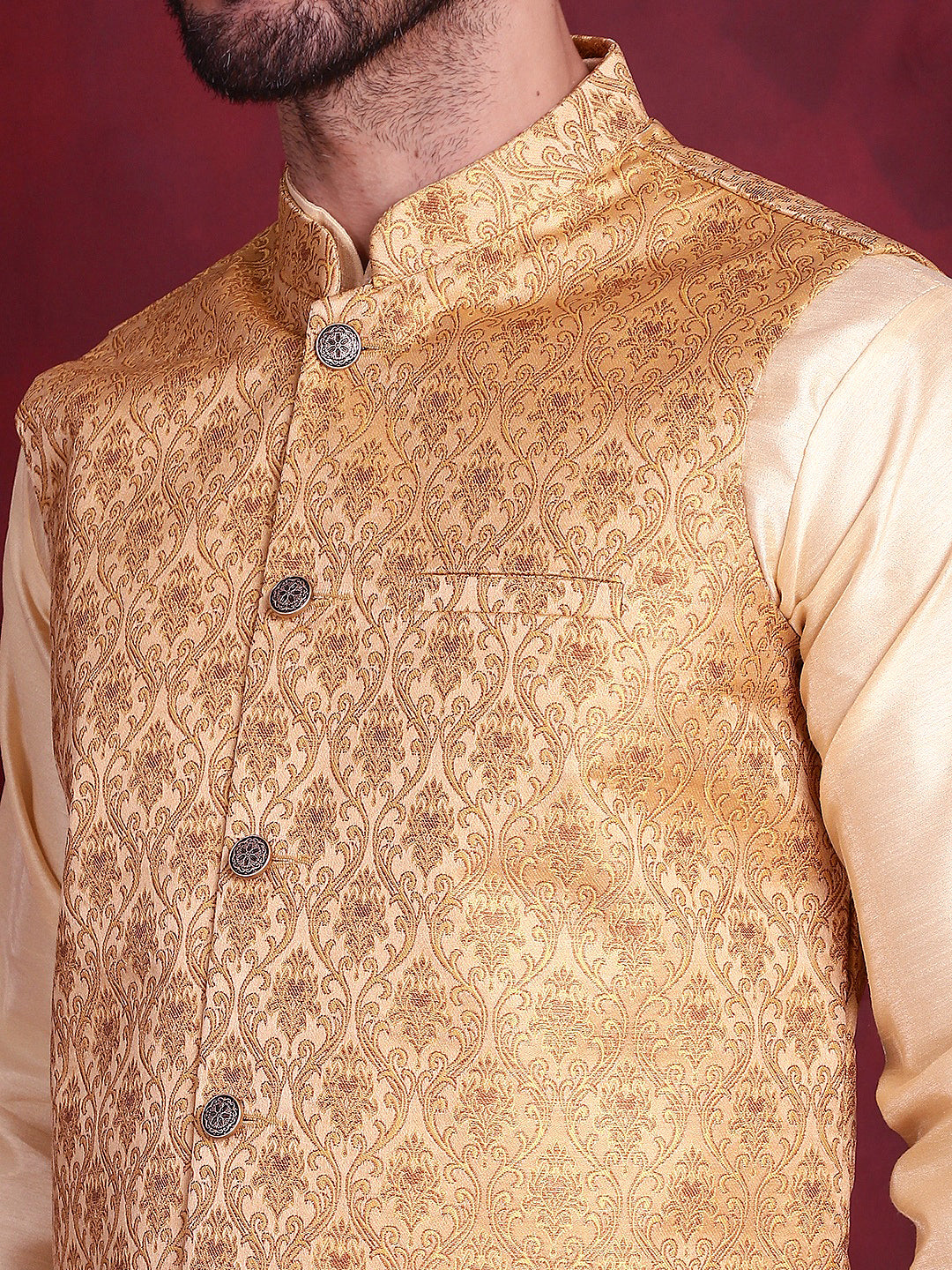 Men's Woven Design Nehru Jacket With Kurta Pyjama Set - Taantav