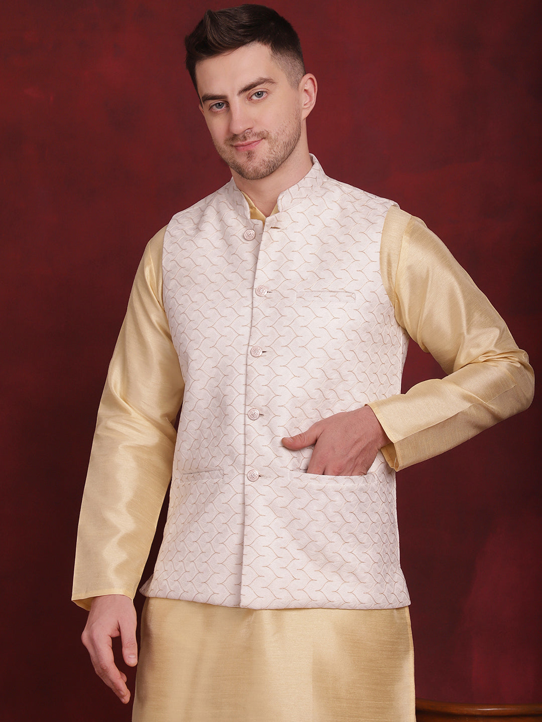 Men's White Woven Design Nehru Jacket With Kurta Pyjama Set - Taantav