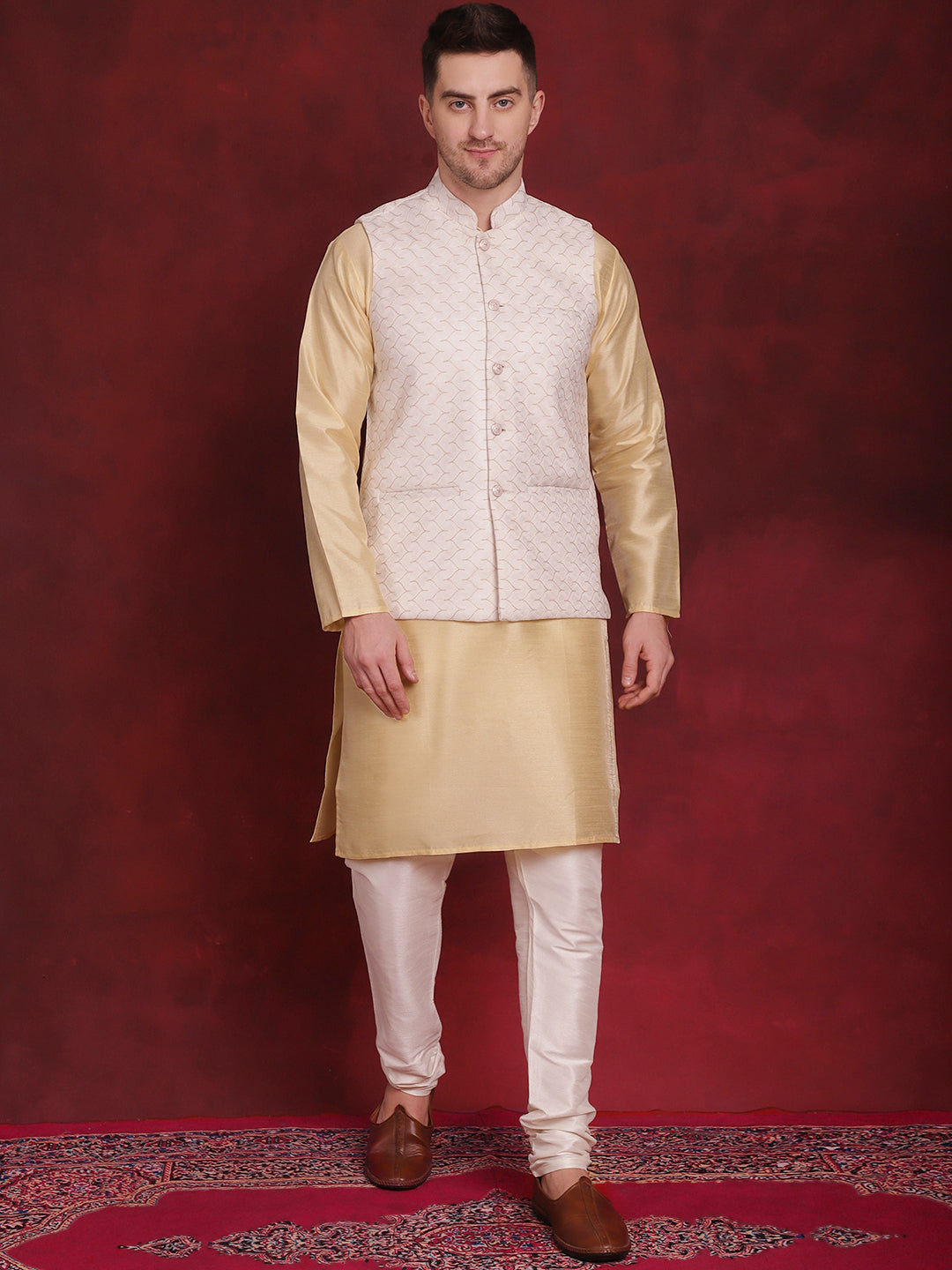 Men's White Woven Design Nehru Jacket With Kurta Pyjama Set - Taantav