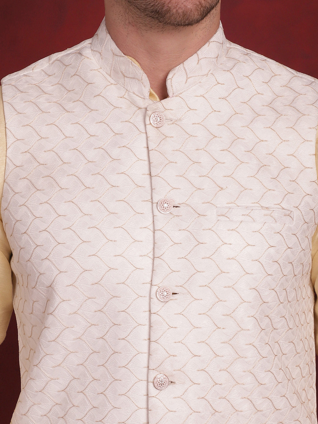 Men's White Woven Design Nehru Jacket With Kurta Pyjama Set - Taantav