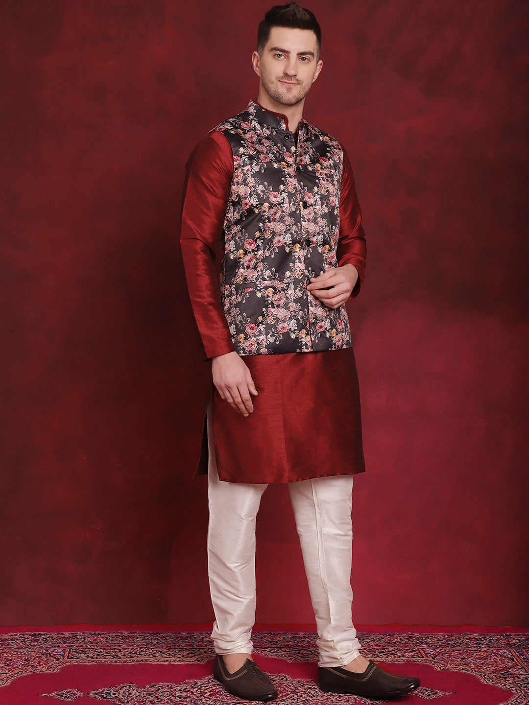 Men's Black Floral Printed Nehru Jacket With Kurta Pyjama Set - Taantav