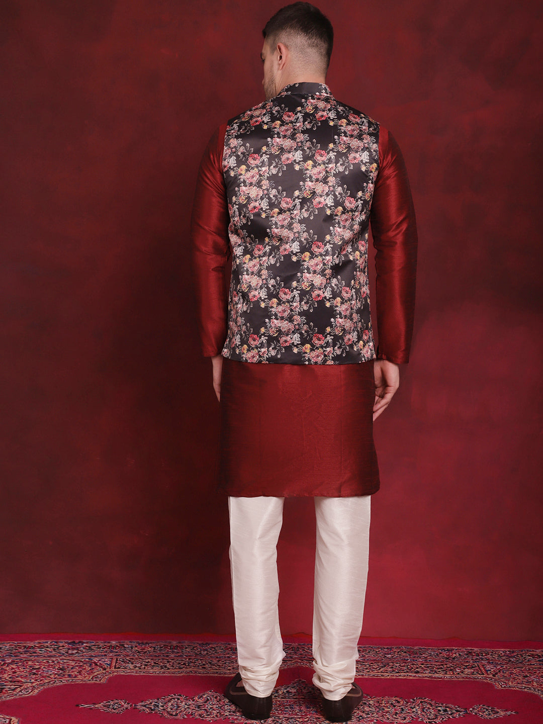 Men's Black Floral Printed Nehru Jacket With Kurta Pyjama Set - Taantav