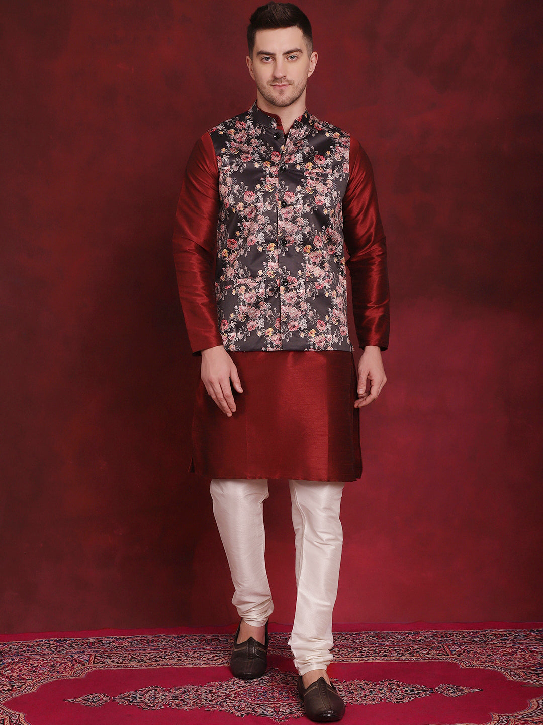 Men's Black Floral Printed Nehru Jacket With Kurta Pyjama Set - Taantav