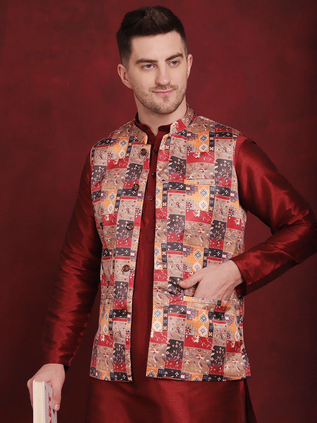 Men's Multi Printed Nehru Jacket With Kurta Pyjama Set - Taantav