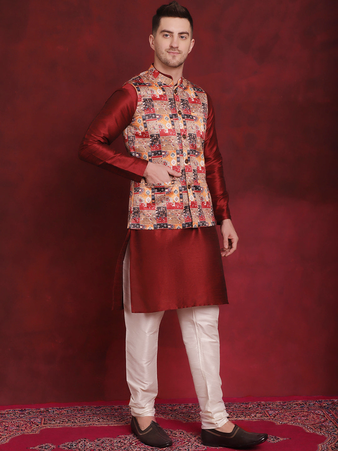 Men's Multi Printed Nehru Jacket With Kurta Pyjama Set - Taantav