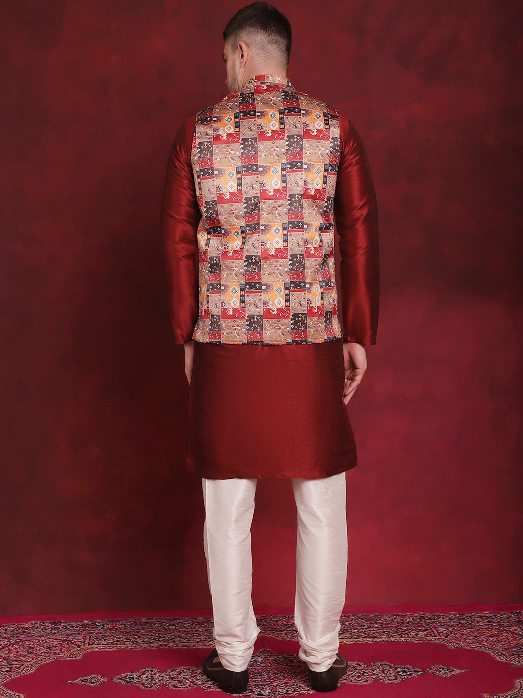 Men's Multi Printed Nehru Jacket With Kurta Pyjama Set - Taantav