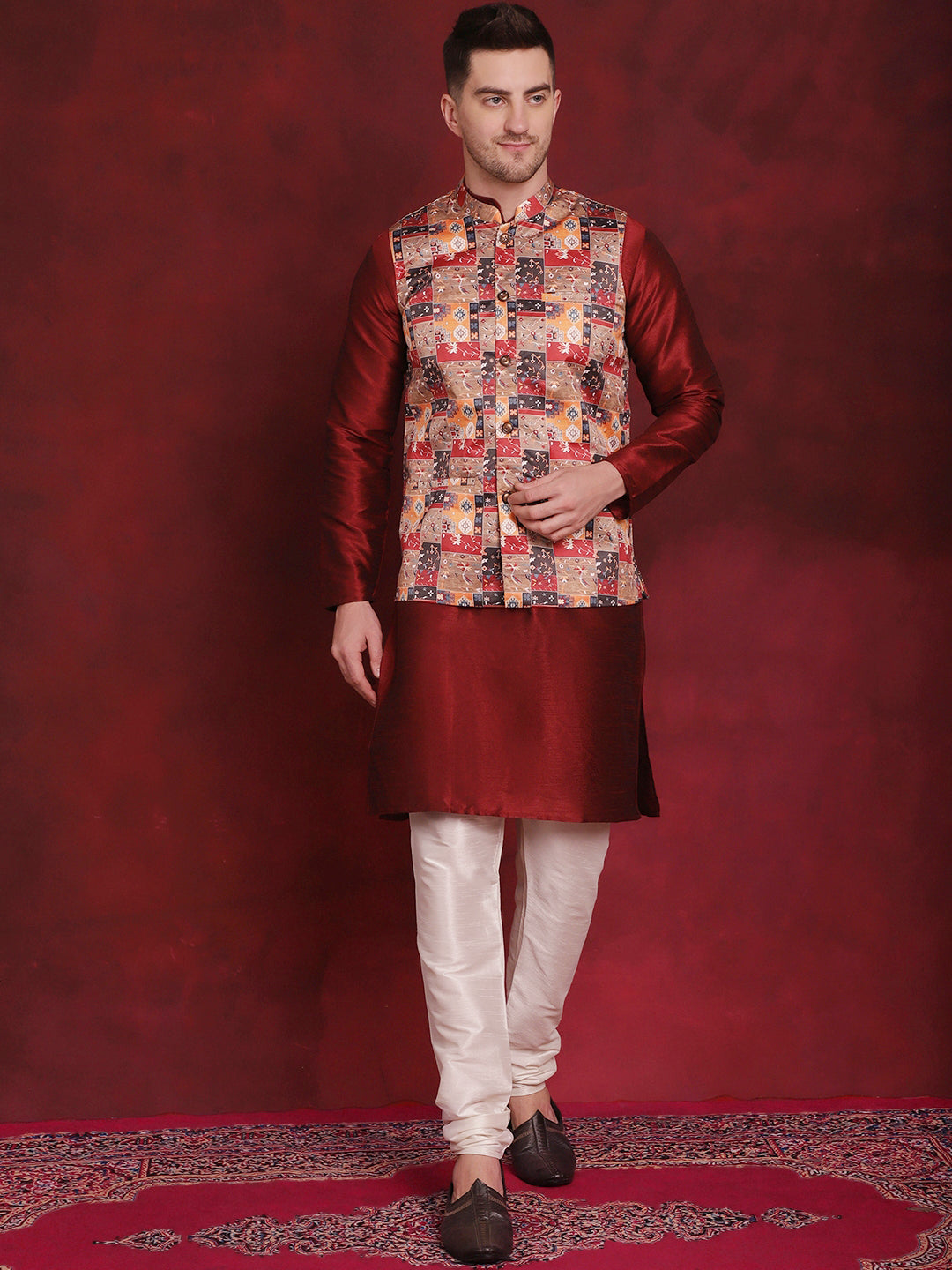 Men's Multi Printed Nehru Jacket With Kurta Pyjama Set - Taantav