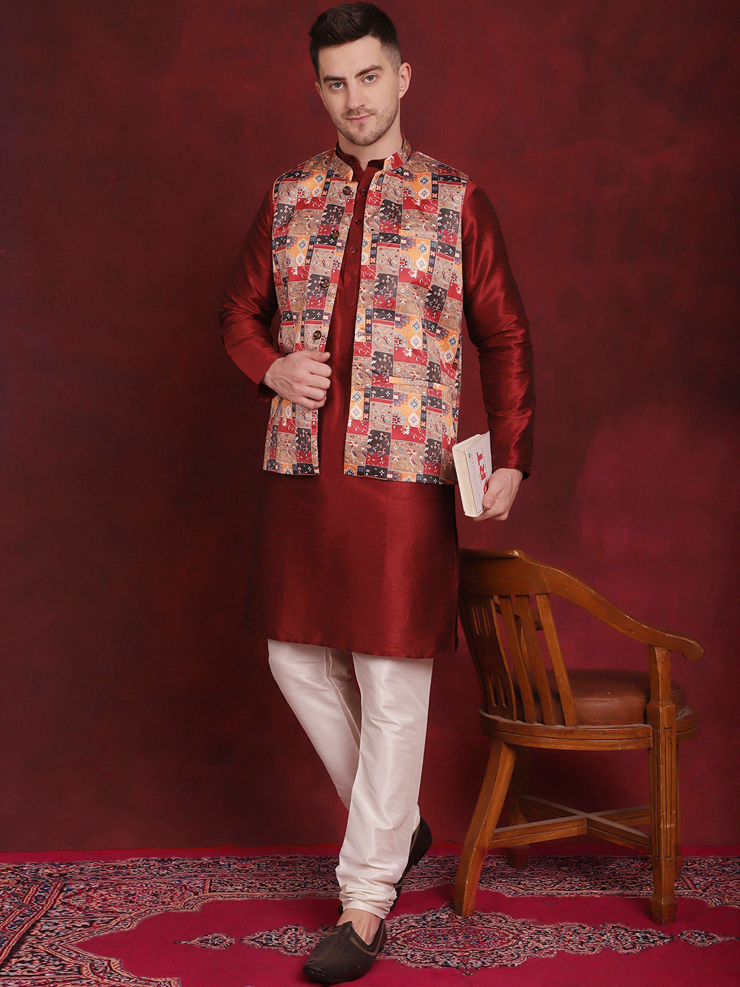 Men's Multi Printed Nehru Jacket With Kurta Pyjama Set - Taantav