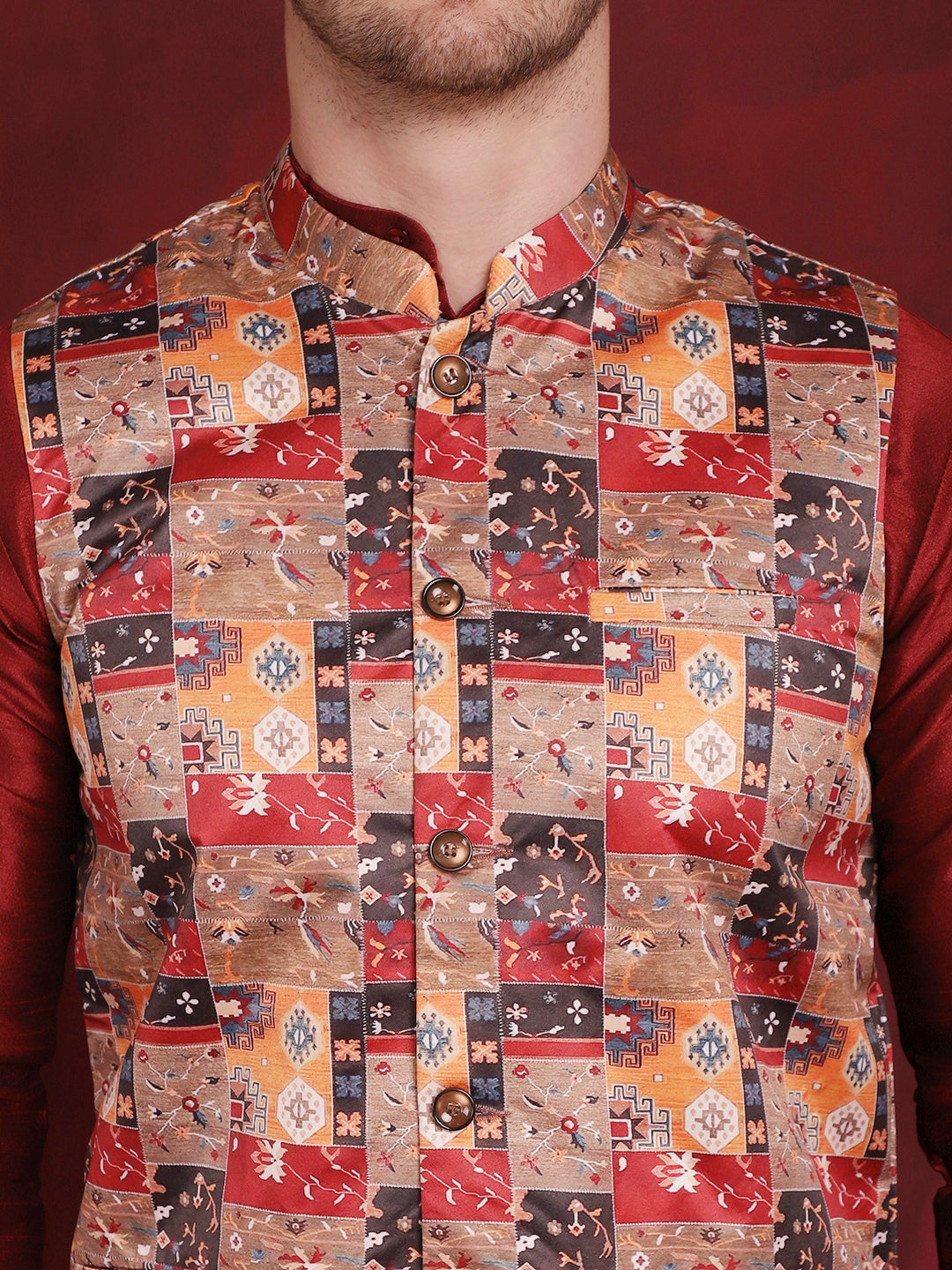 Men's Multi Printed Nehru Jacket With Kurta Pyjama Set - Taantav