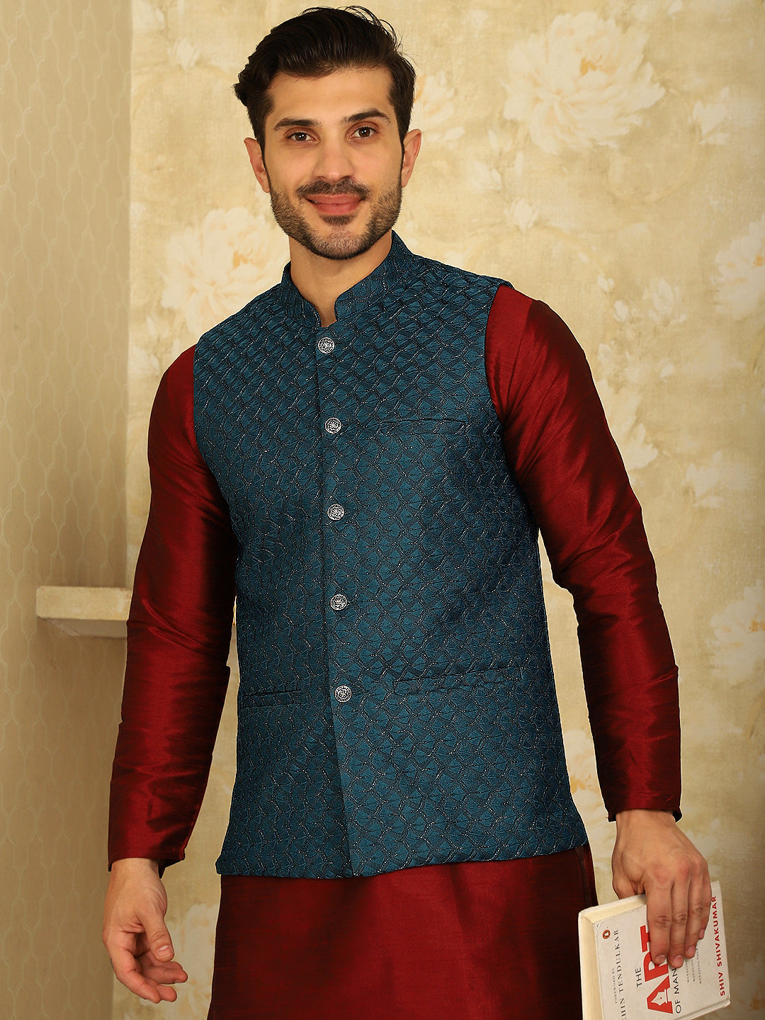 Men's Blue Woven Design Nehru Jacket With Kurta Pyjama Set - Taantav