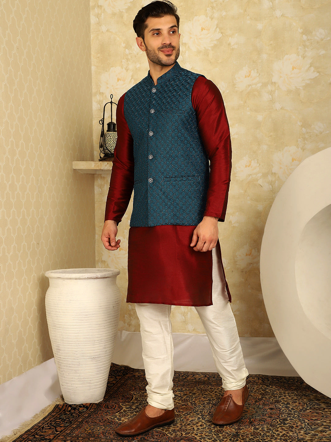 Men's Blue Woven Design Nehru Jacket With Kurta Pyjama Set - Taantav