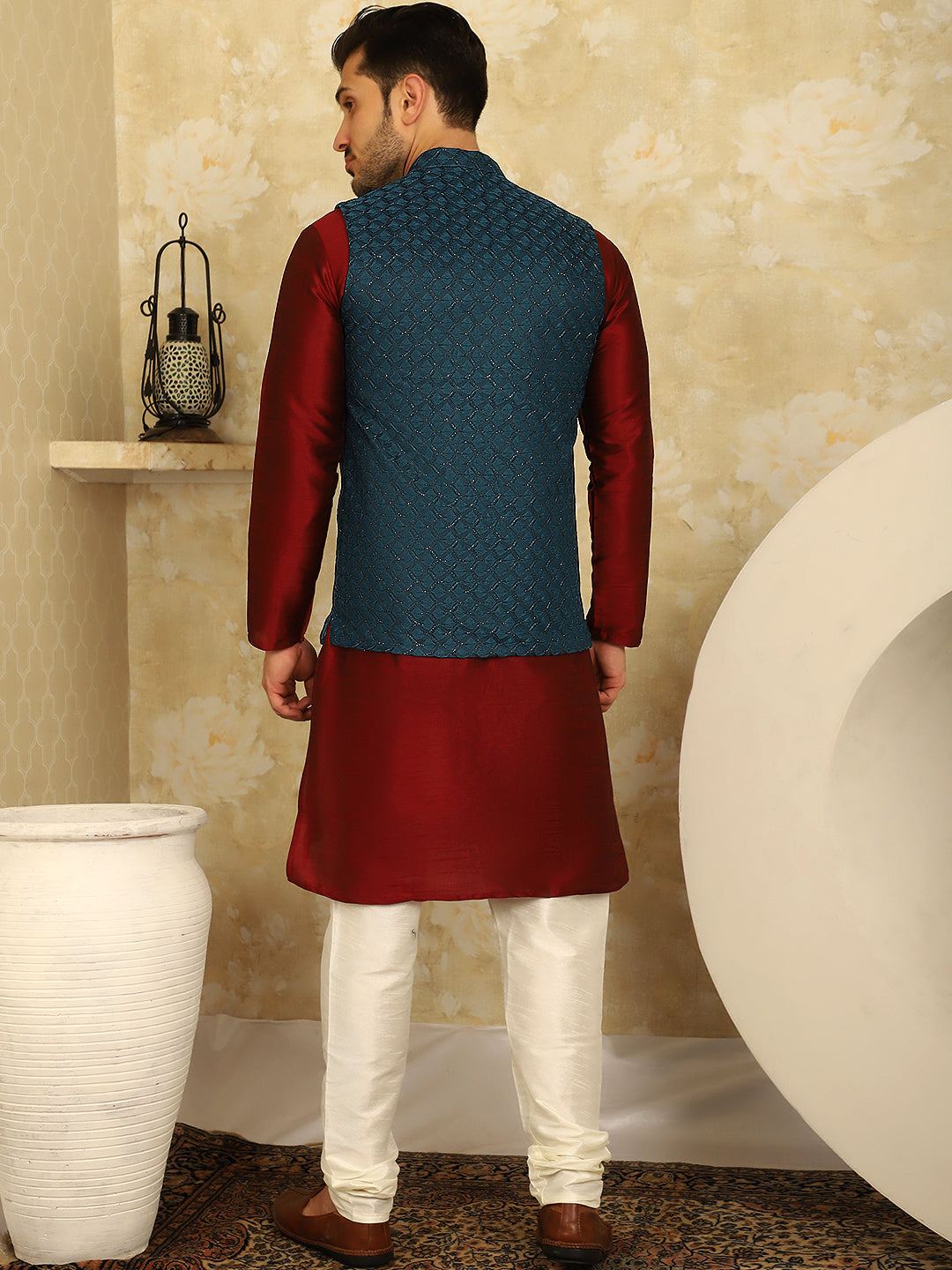 Men's Blue Woven Design Nehru Jacket With Kurta Pyjama Set - Taantav