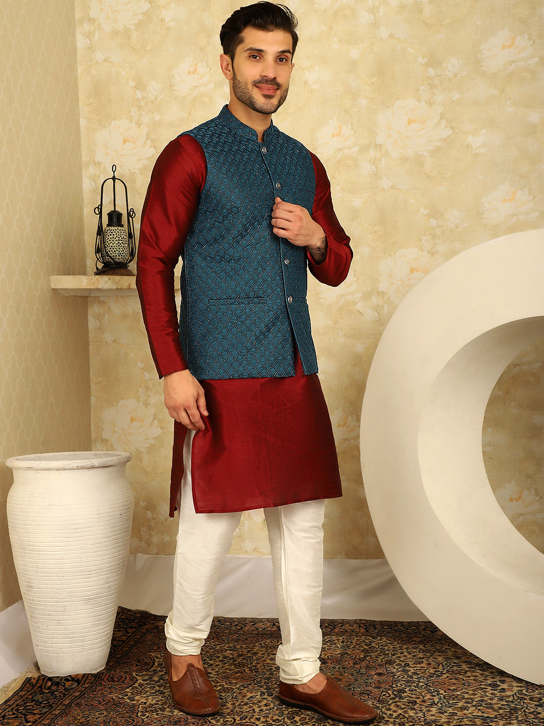 Men's Blue Woven Design Nehru Jacket With Kurta Pyjama Set - Taantav