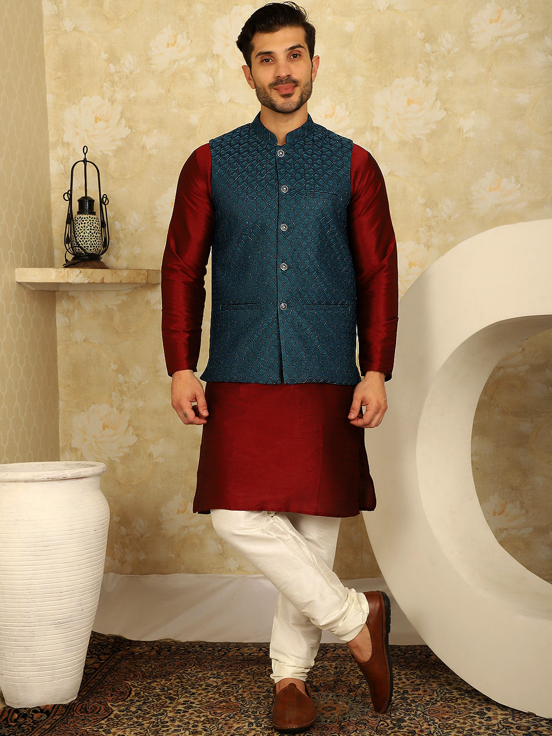 Men's Blue Woven Design Nehru Jacket With Kurta Pyjama Set - Taantav