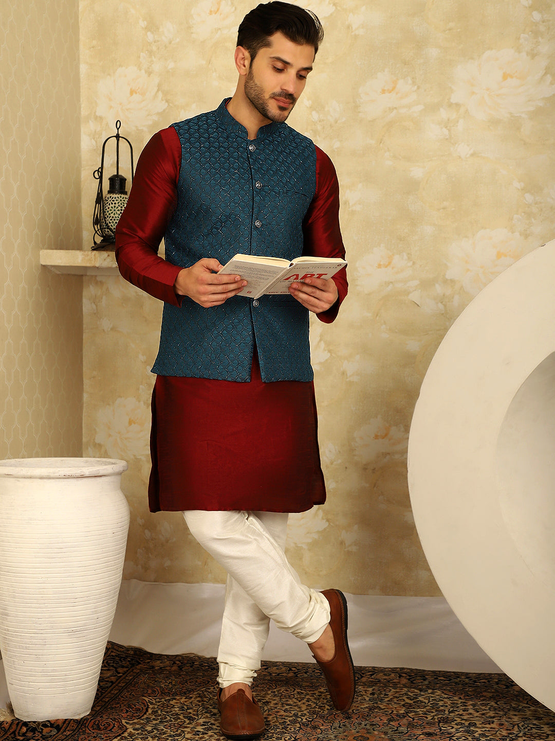 Men's Blue Woven Design Nehru Jacket With Kurta Pyjama Set - Taantav