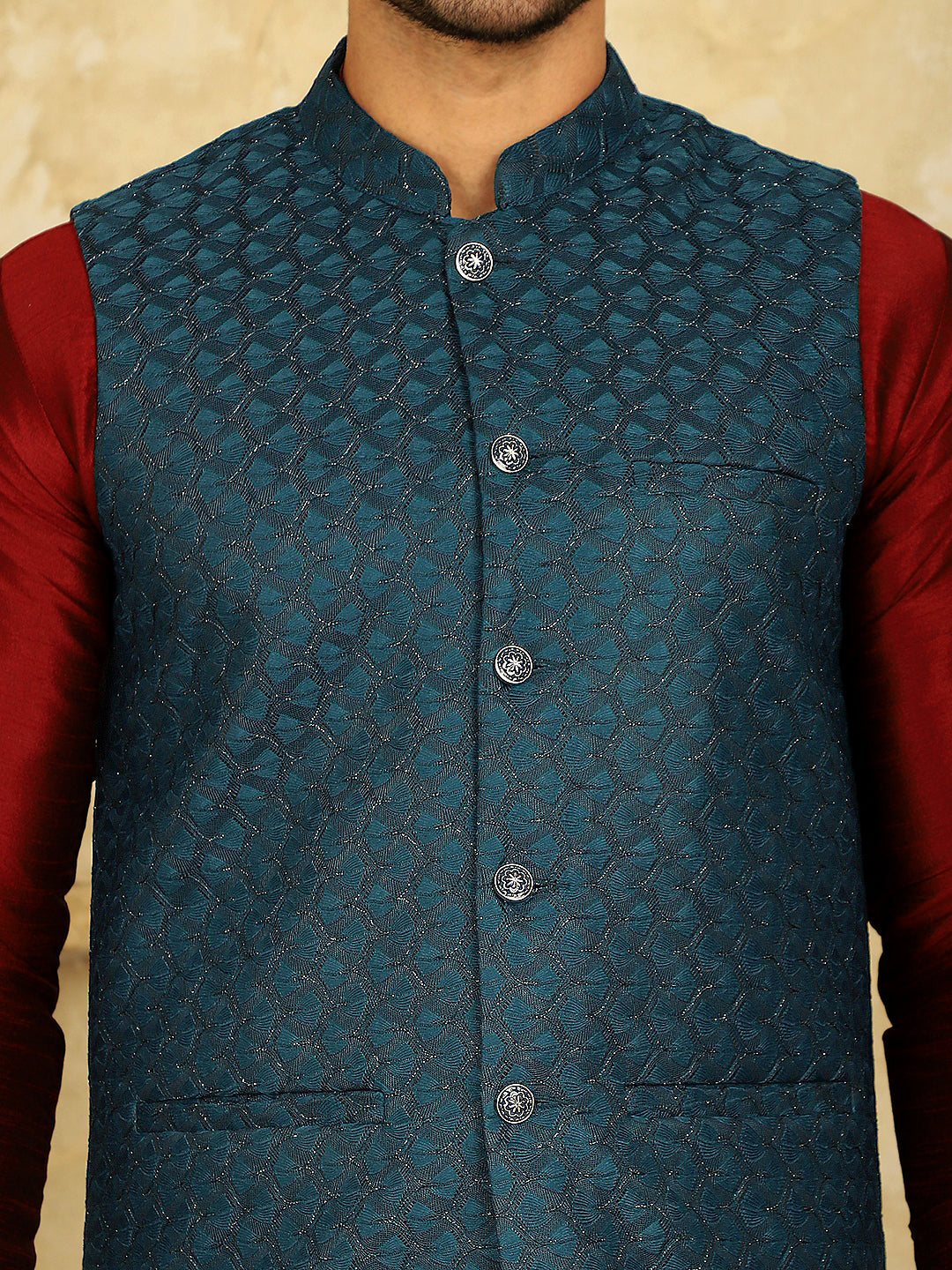 Men's Blue Woven Design Nehru Jacket With Kurta Pyjama Set - Taantav