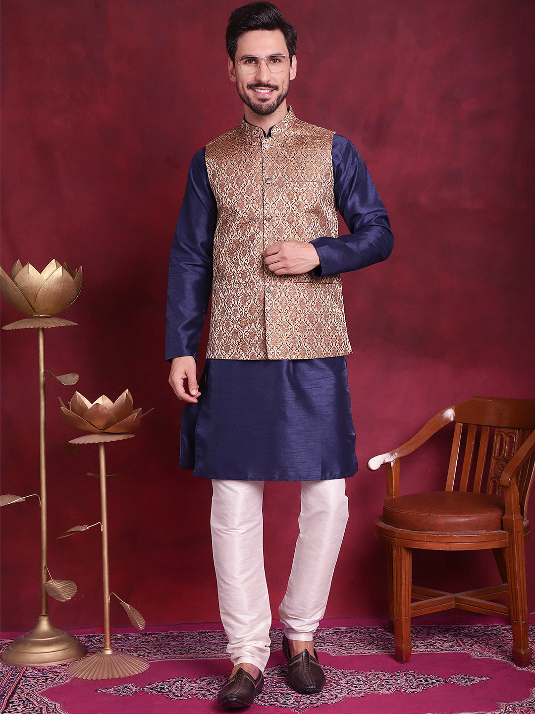 Men's Woven Design Nehru Jacket With Kurta Pyjama Set - Taantav