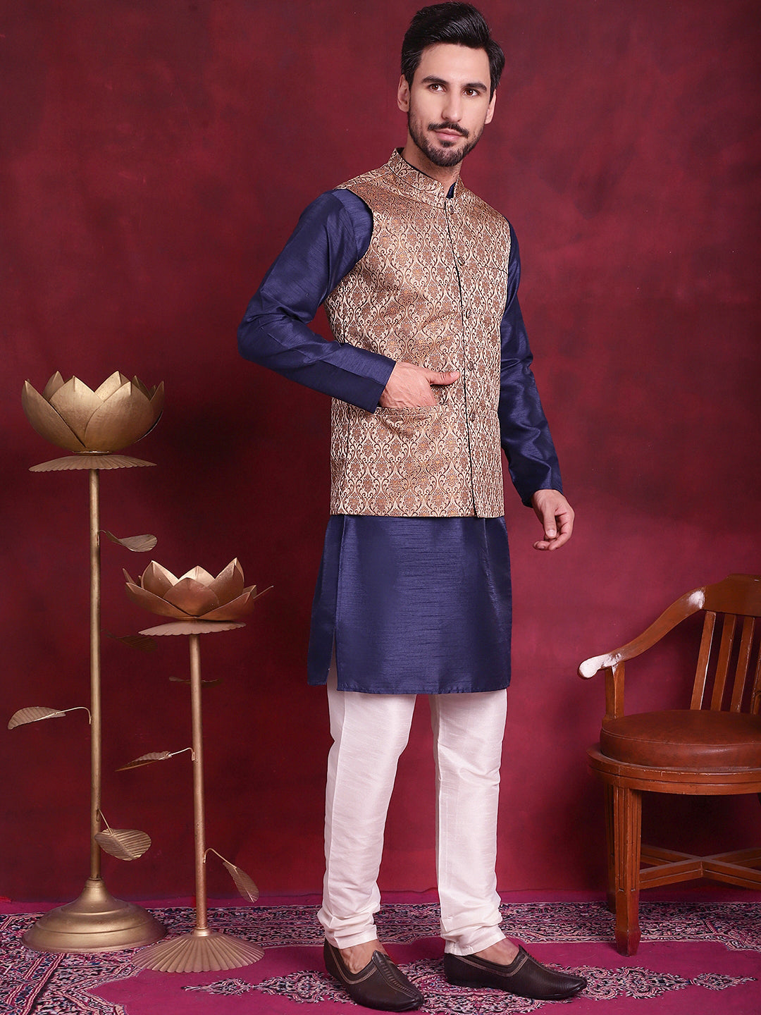 Men's Woven Design Nehru Jacket With Kurta Pyjama Set - Taantav