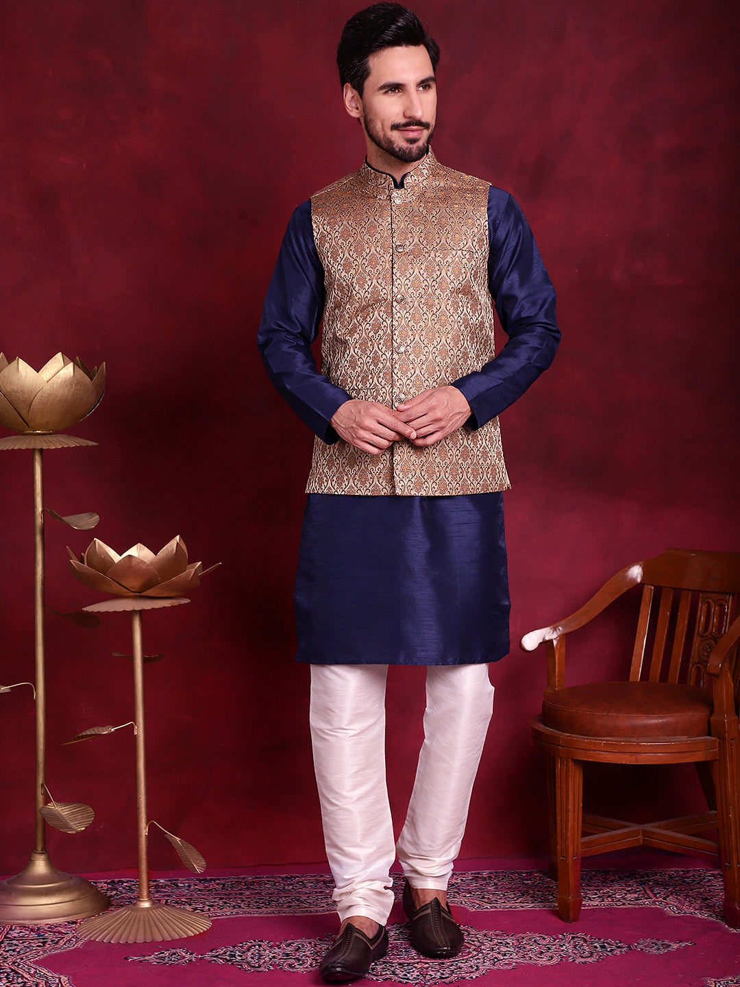 Men's Woven Design Nehru Jacket With Kurta Pyjama Set - Taantav