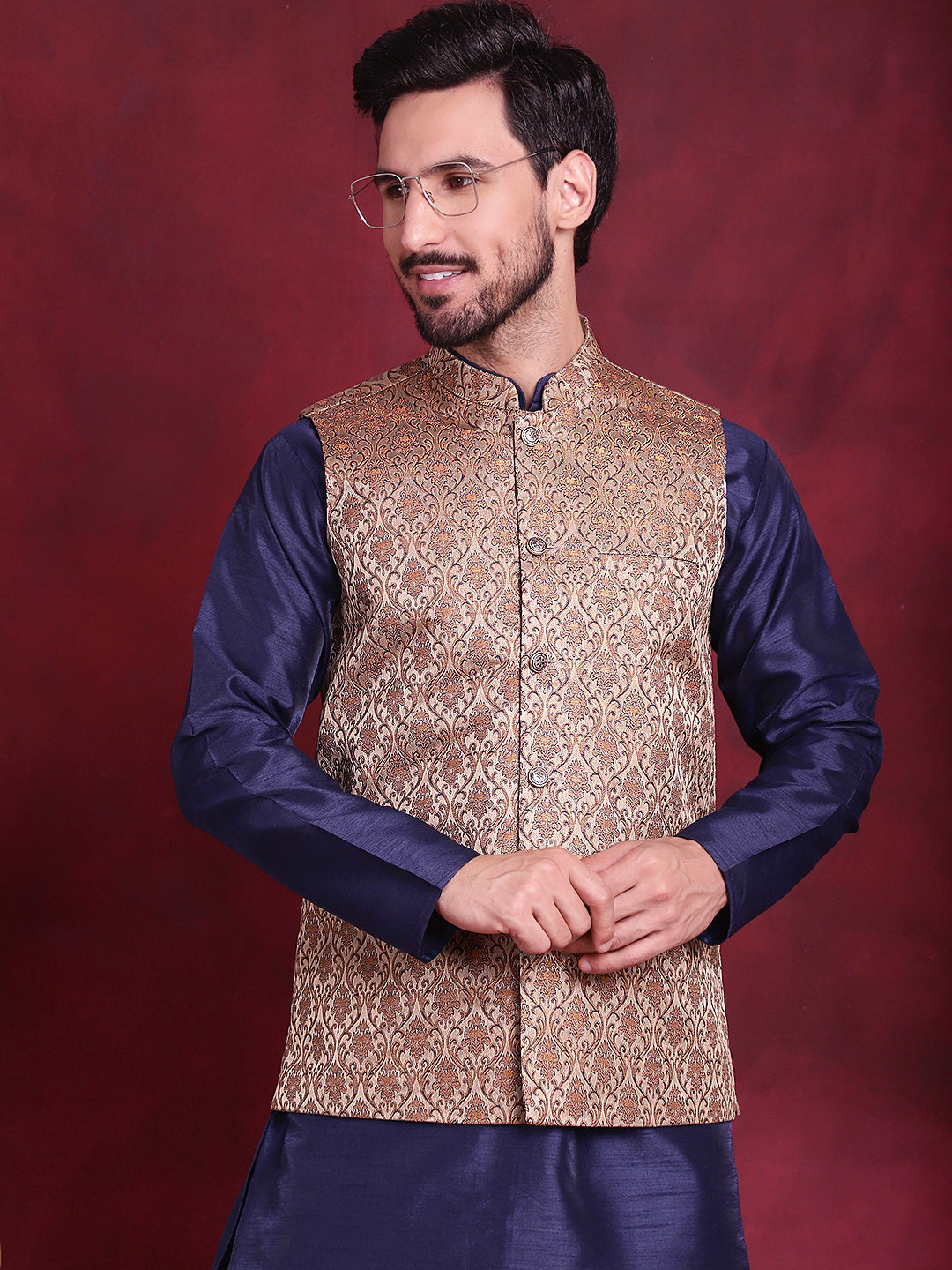 Men's Woven Design Nehru Jacket With Kurta Pyjama Set - Taantav