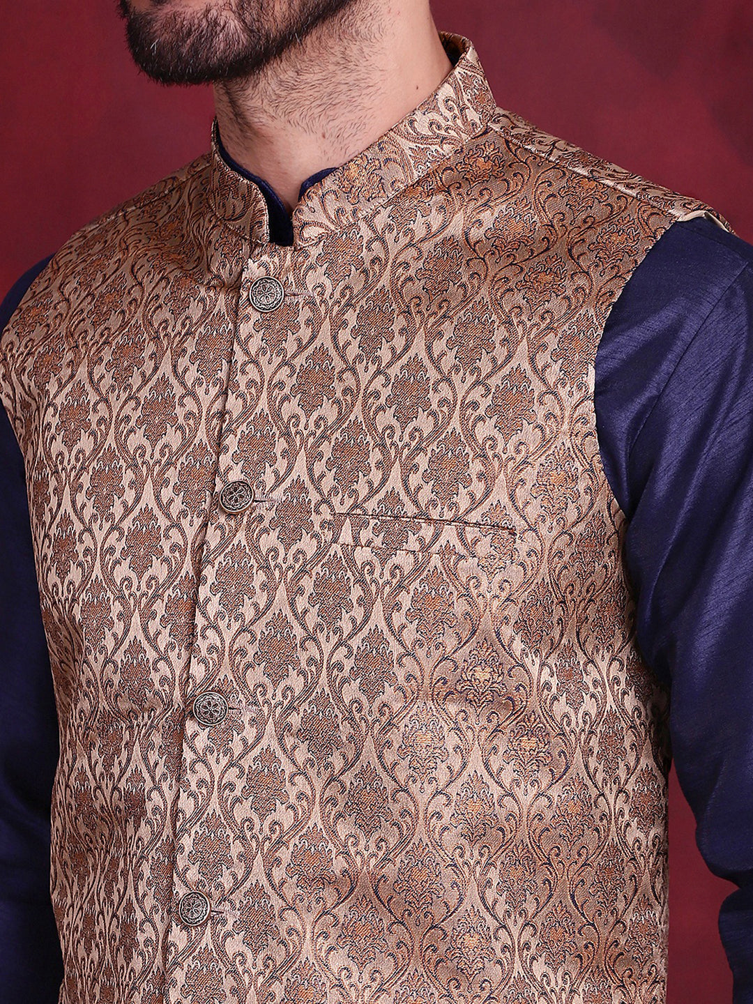 Men's Woven Design Nehru Jacket With Kurta Pyjama Set - Taantav