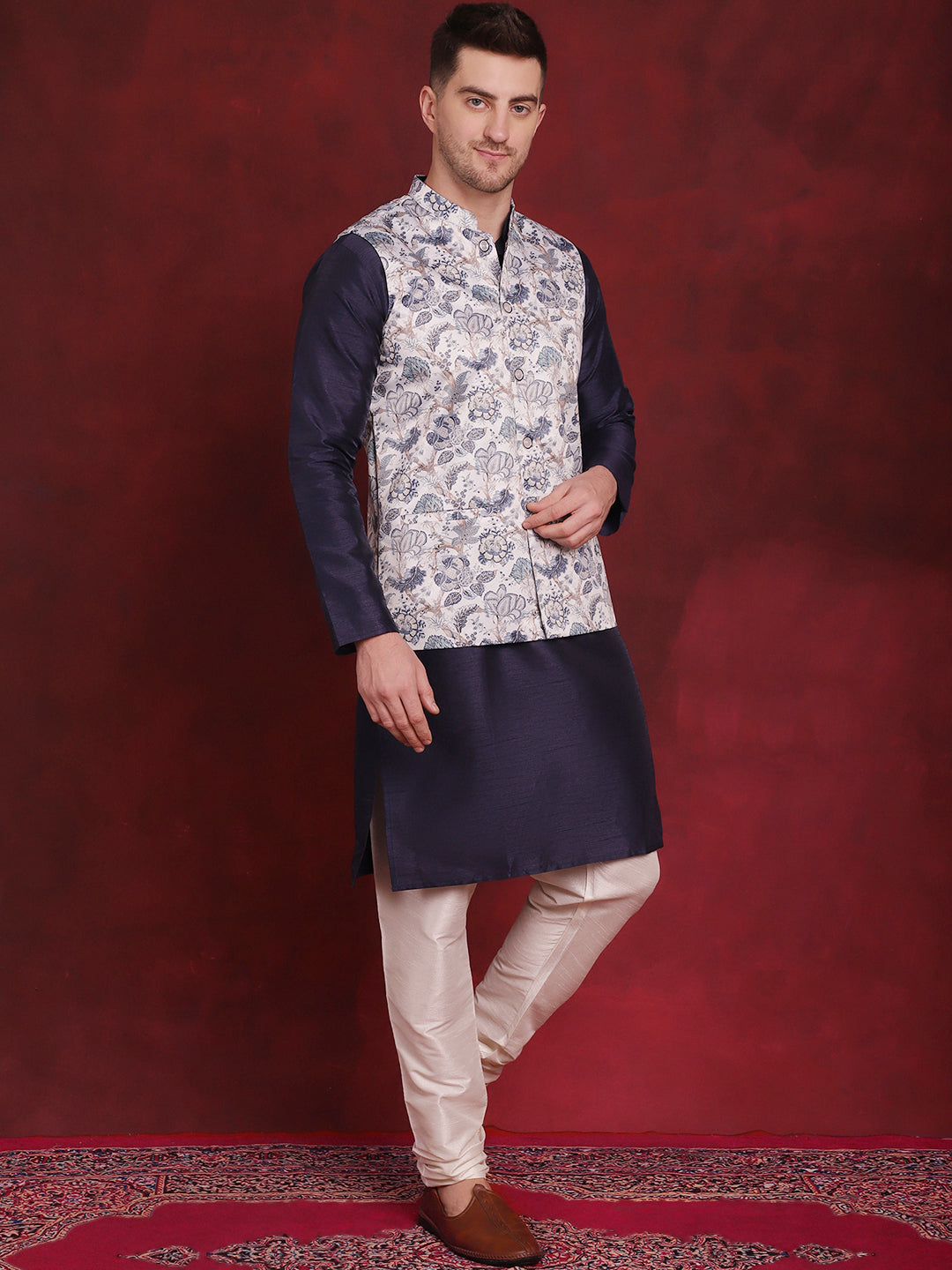 Men's White Floral Printed Nehru Jacket With Kurta Pyjama Set - Taantav