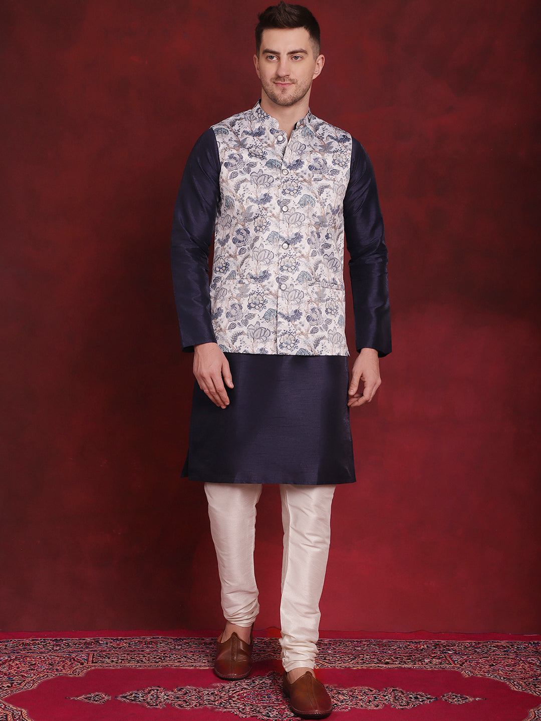 Men's White Floral Printed Nehru Jacket With Kurta Pyjama Set - Taantav