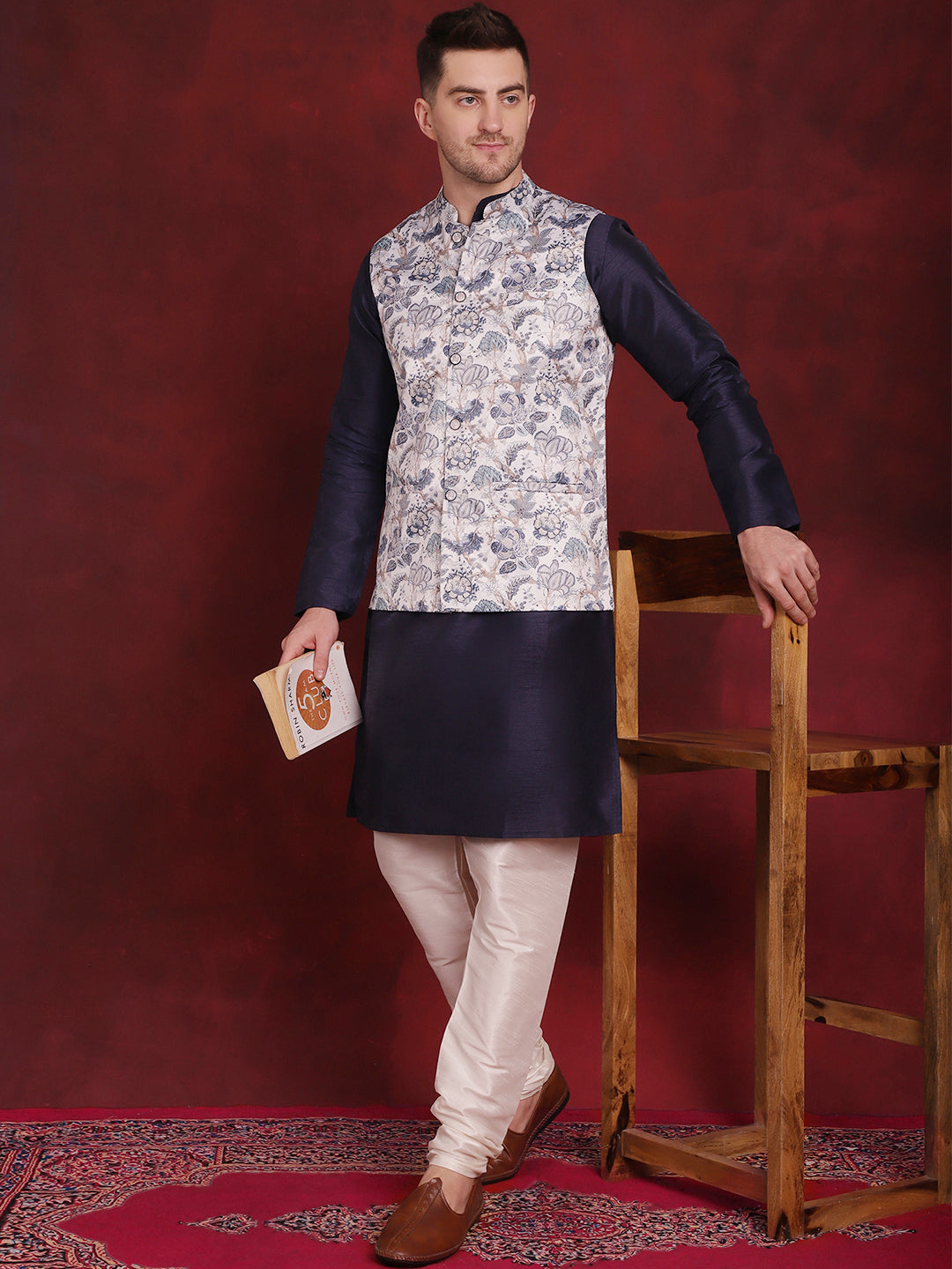 Men's White Floral Printed Nehru Jacket With Kurta Pyjama Set - Taantav