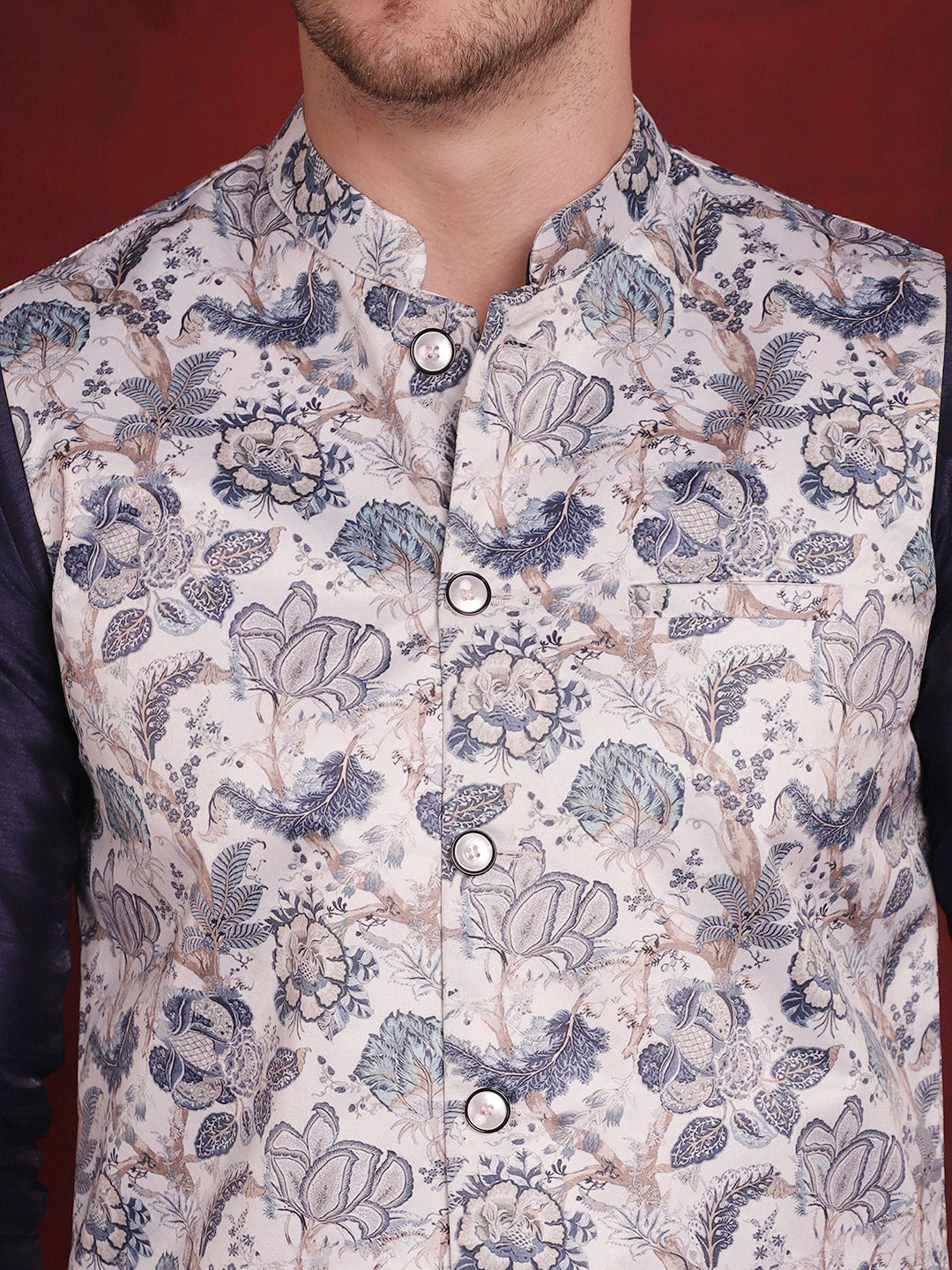 Men's White Floral Printed Nehru Jacket With Kurta Pyjama Set - Taantav