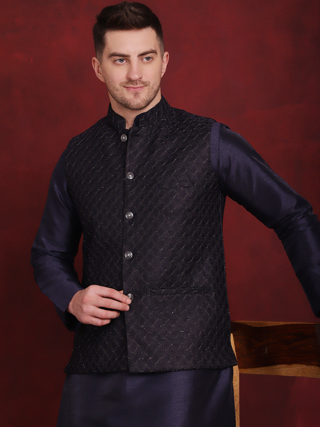 Men's Navy Blue Woven Design Nehru Jacket With Kurta Pyjama Set - Taantav