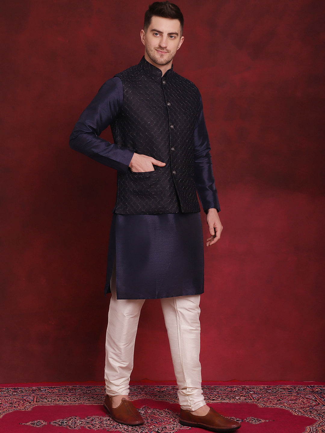 Men's Navy Blue Woven Design Nehru Jacket With Kurta Pyjama Set - Taantav