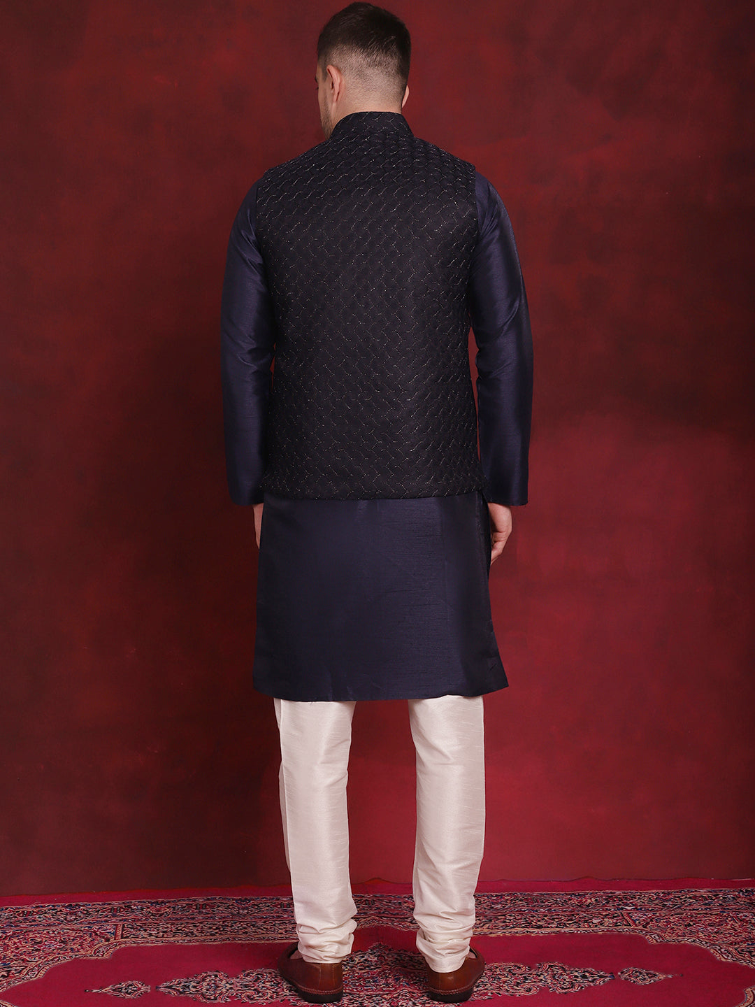 Men's Navy Blue Woven Design Nehru Jacket With Kurta Pyjama Set - Taantav