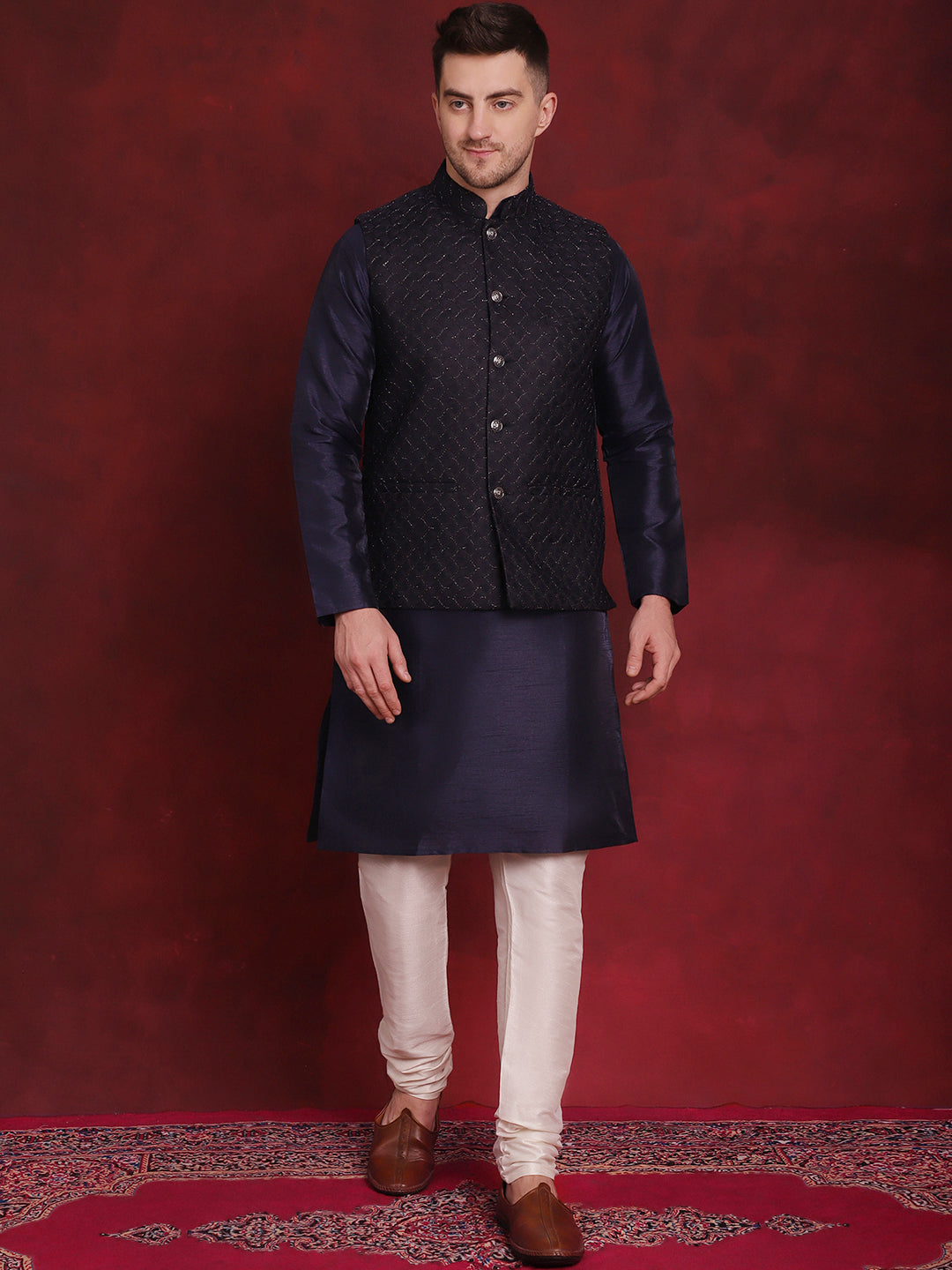 Men's Navy Blue Woven Design Nehru Jacket With Kurta Pyjama Set - Taantav