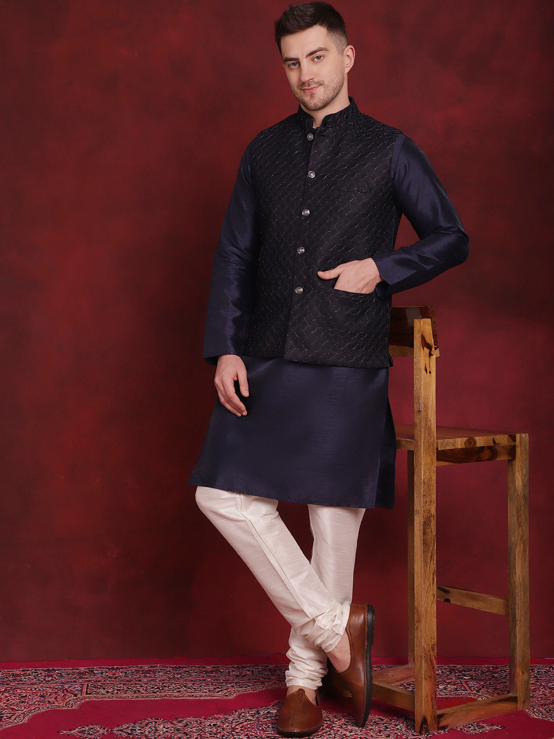 Men's Navy Blue Woven Design Nehru Jacket With Kurta Pyjama Set - Taantav