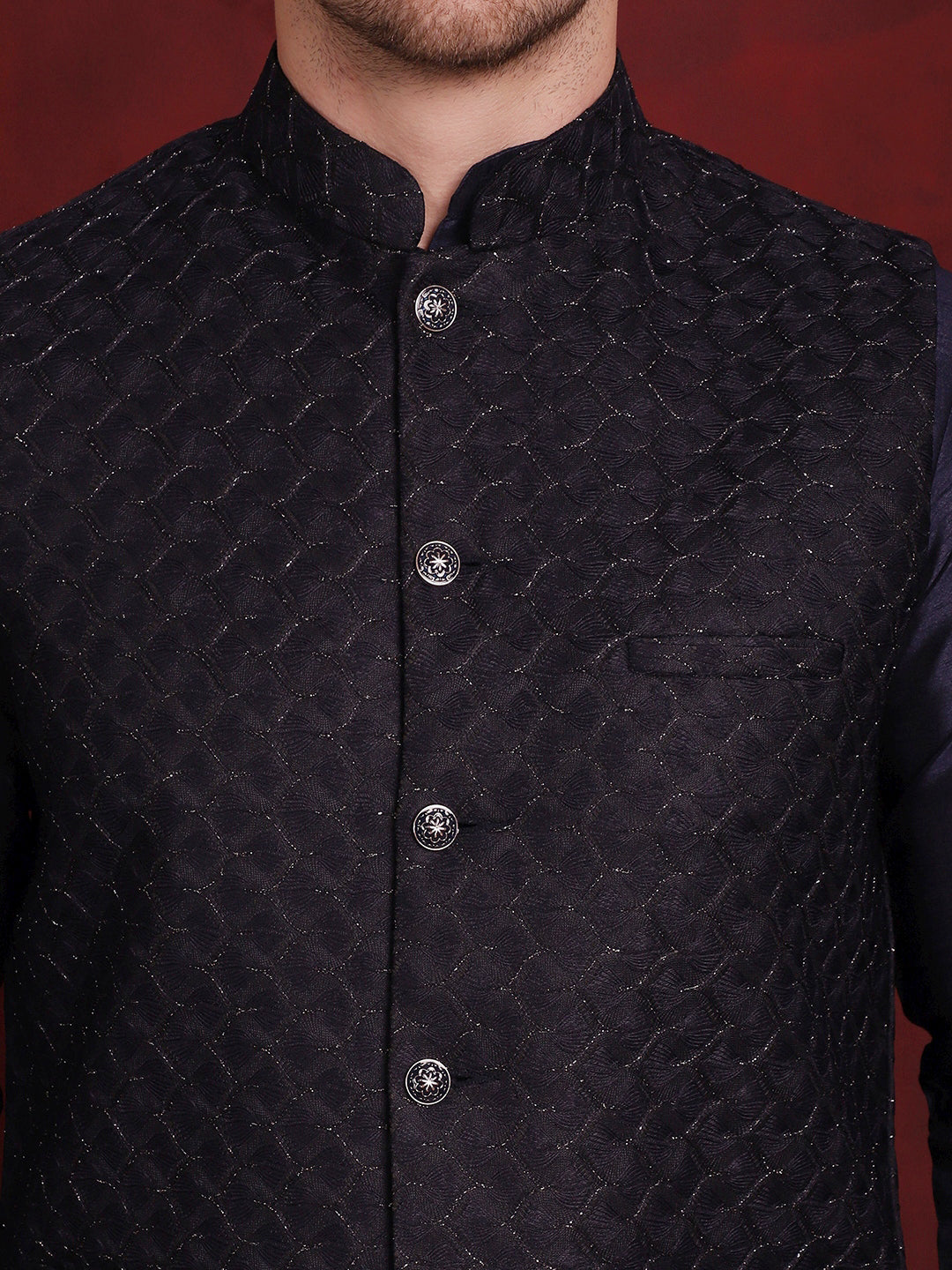 Men's Navy Blue Woven Design Nehru Jacket With Kurta Pyjama Set - Taantav