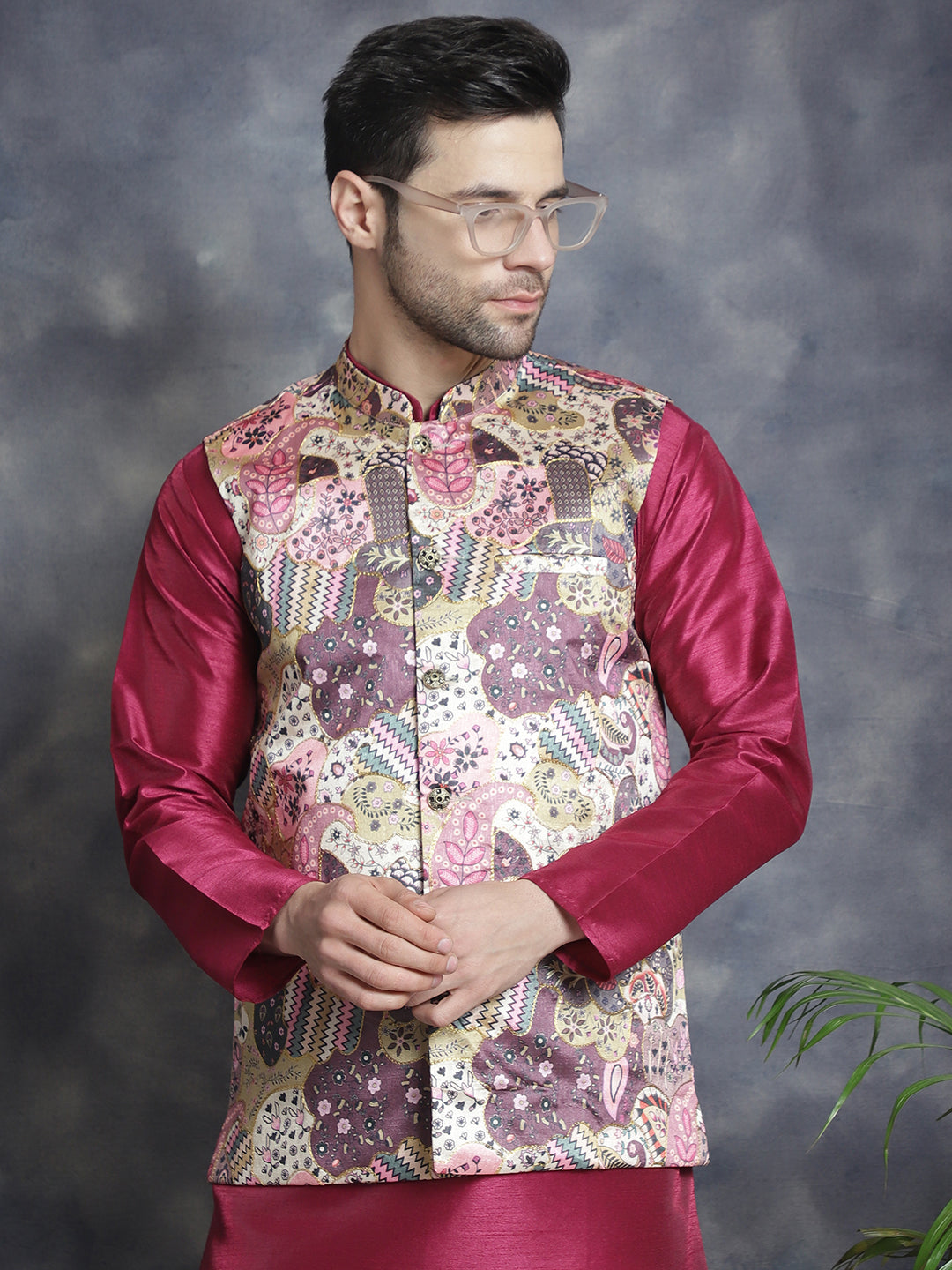 Men's Digital Print and Zari Work Nehru Jacket With Kurta Pyjama Set - Taantav