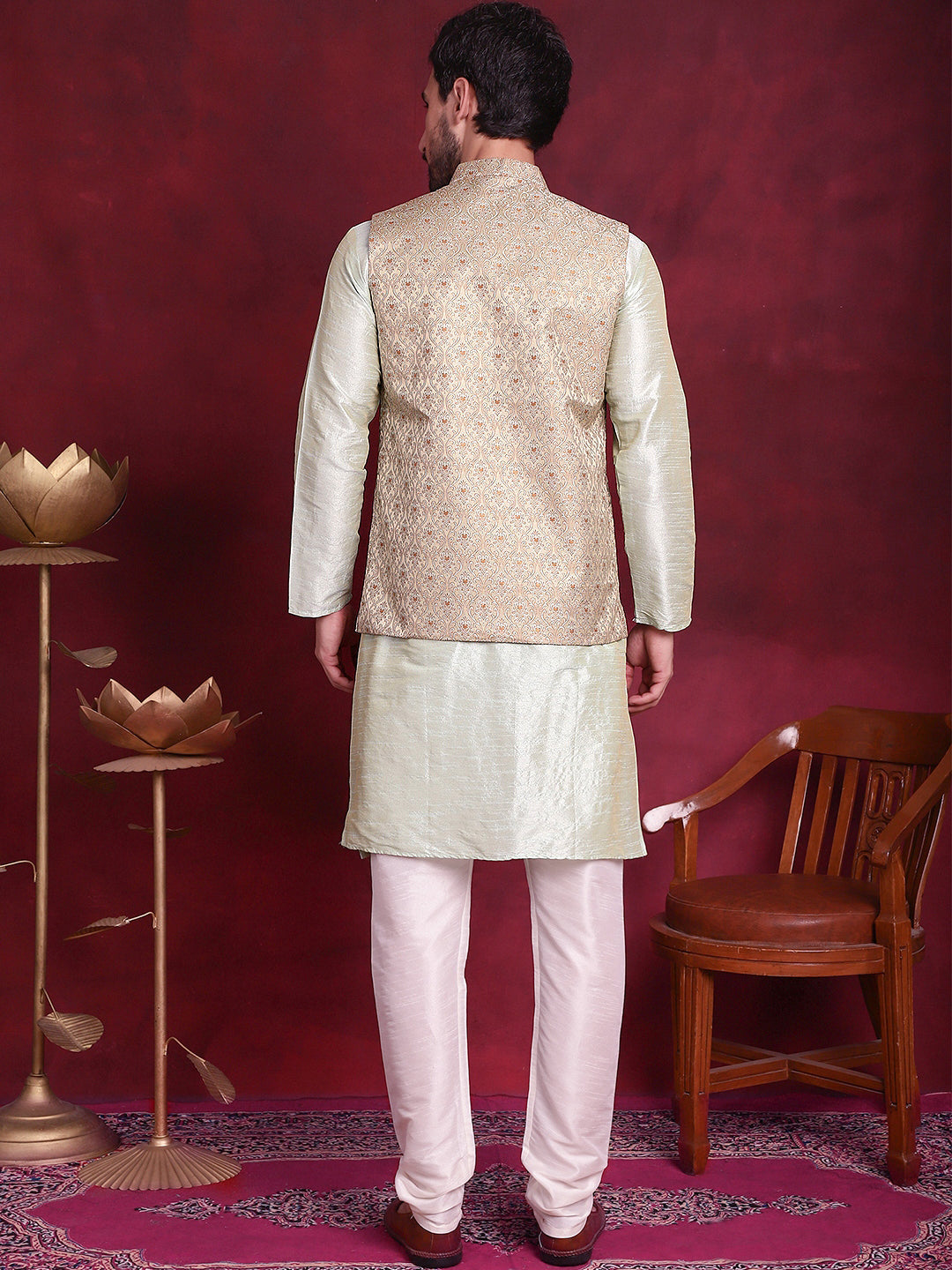 Men's Woven Design Nehru Jacket With Kurta Pyjama Set - Taantav