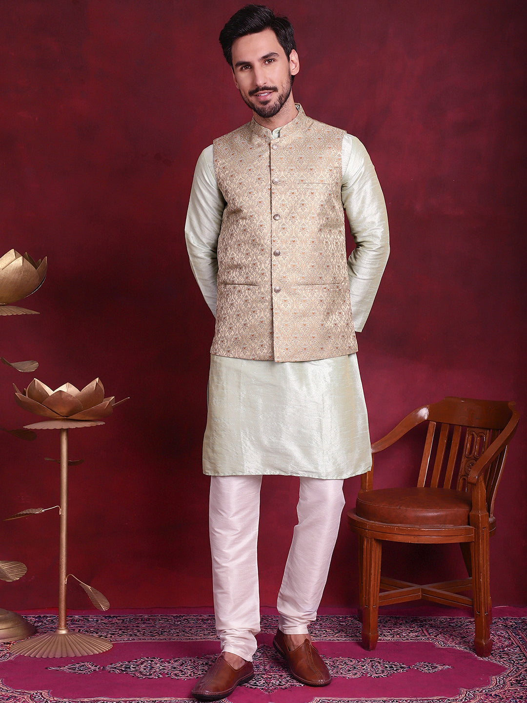 Men's Woven Design Nehru Jacket With Kurta Pyjama Set - Taantav