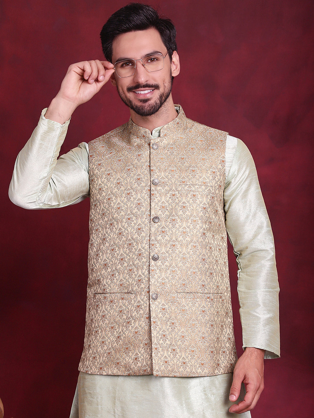 Men's Woven Design Nehru Jacket With Kurta Pyjama Set - Taantav